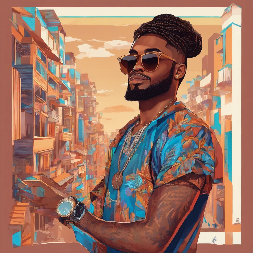 Brown man in braids box braids in sunglasses in a painting, me again on top of my own head