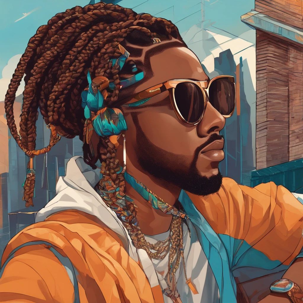 Brown man in braids box braids in sunglasses in a painting, me again on top of my own head