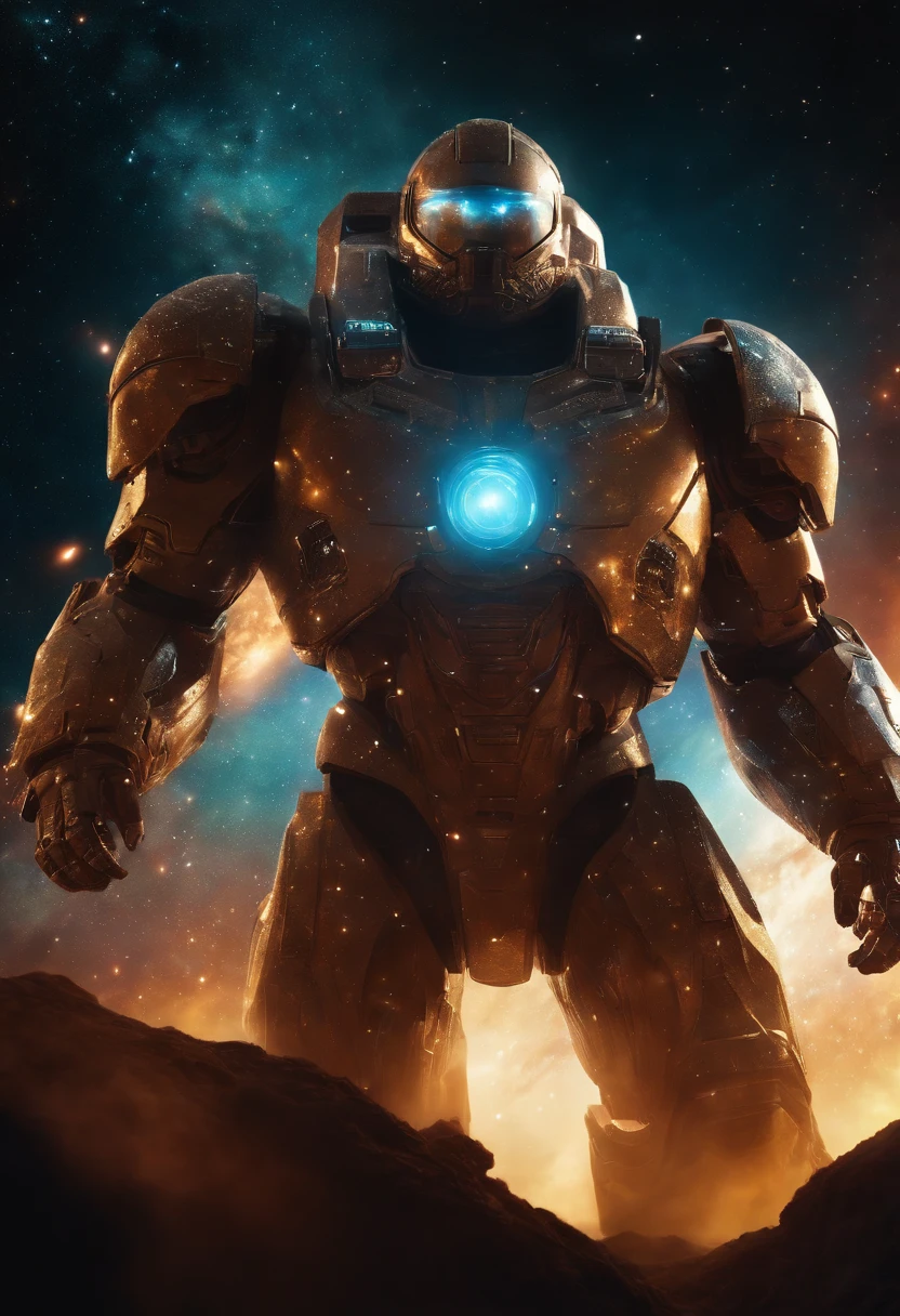 cosmic titan emerging from nebulae in outer space and rising above the horizon, (best quality, high-res, masterpiece:1.2), ultra-detailed, photorealistic:1.37, surreal, vibrant colors, ethereal lighting, celestial energy, majestic presence, otherworldly aura, swirling cosmic dust, grand spectacle.