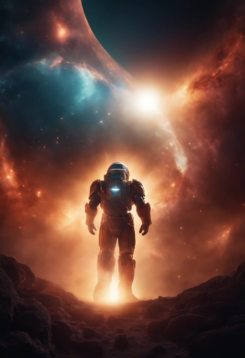 cosmic titan emerging from nebulae in outer space and rising above the horizon, (best quality, high-res, masterpiece:1.2), ultra-detailed, photorealistic:1.37, surreal, vibrant colors, ethereal lighting, celestial energy, majestic presence, otherworldly aura, swirling cosmic dust, grand spectacle.