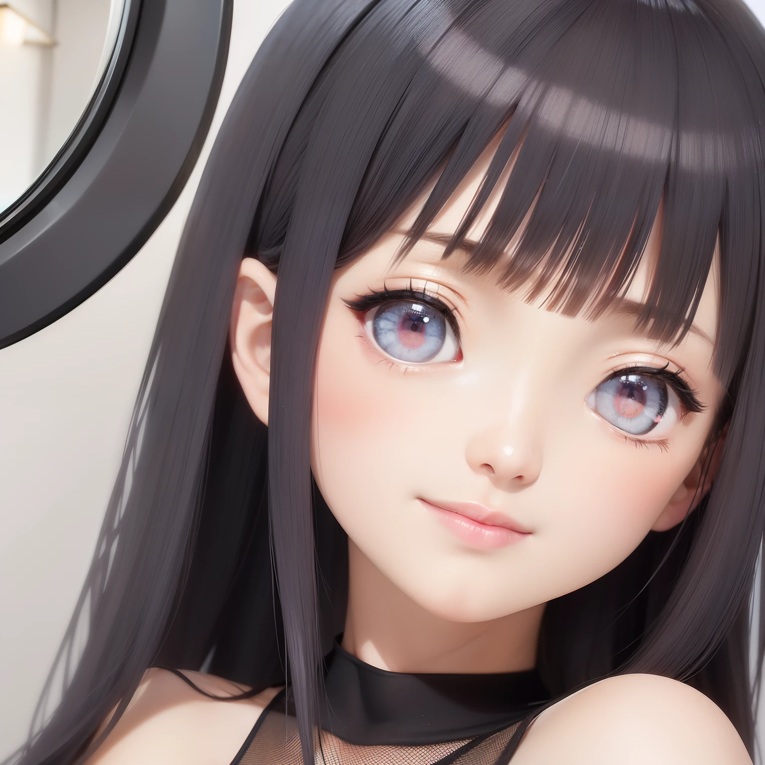 Close up of rosy smile with open mouth、(realisitic、hight resolution)、(1 girl in)、Do-Up Eye、Korean Girl、(Best Quality), (masutepiece), (1girl in), Solo, a beauty girl, Perfect face,dreamlikeart、Highly detailed airbrush art((Surreal))、Volumetric lighting、(top-quality)、The ultra-detailliert、(The composition of the movement:1.4)、Highly detailed colorful details、(Bright lighting)、dynamic compositions、Ray traching、The mirror reflects light、Shallow depth of field、ultra-detailliert、mixing exposure、nffsw、Her eyes are rosy、Staring at the rose-colored sea。Her rosy face is、Full of adventure anticipation and courage.、A smile appears on her rosy lips。 At the rear、The sun is slowly tilting to the west。Its light brings rosy light to the surface of the sea、The swaying waves create a beautiful scene。Her eyes are clearly rosy。A lot of roses, Blunt Bangs, purple eyes, long dark blue hair