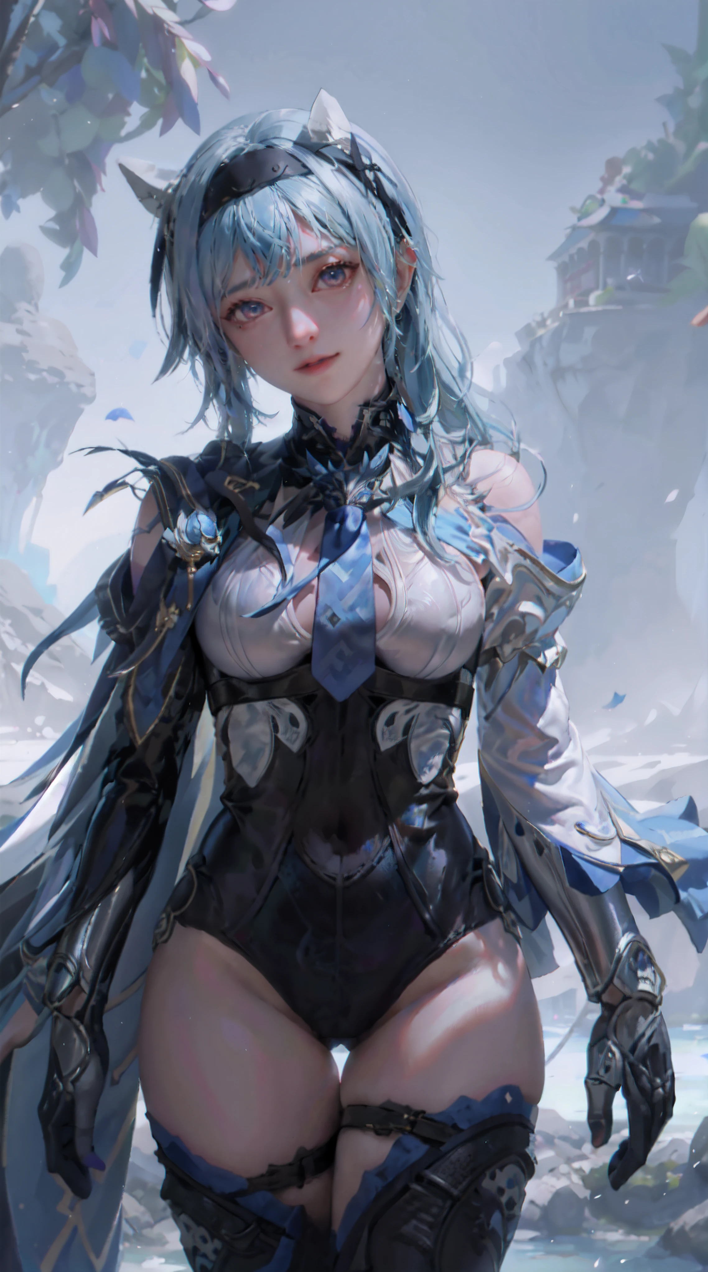 masterpiece, best quality, 1girl,eula \(genshin impact\),hairband,blue hair,multicolored eyes,necktie,cape,vision \(genshin impact\),leotard,long sleeves,gloves,sidelocks, black thighhighs, grey background,