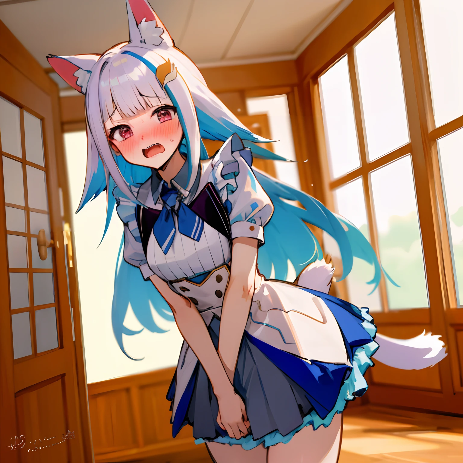 masterpiece, top quality, high resolution, 1girl, straight-on, detailed face, detailed eyes, standing, solo, open mouth, embarrassed, blush, maid costume, maid, mini skirt, short skirt, red cheeks, lineart, indoor, blush, open mouth, embarrassed, arms in chest, cat pose, moe pose, ear blush, looking at viewer, fox ear, fox tail, long hair,