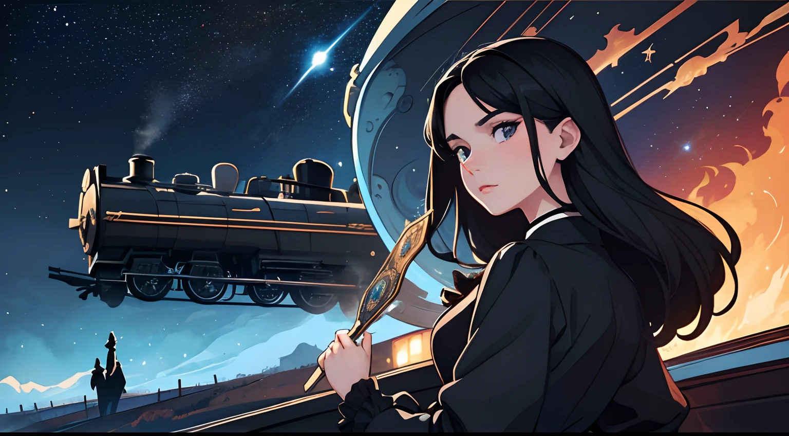 beautiful and asethetic, masterpiece, movie poster, best quality, drawing of a of a long black haired woman with a high collared black long sleeved victorian dress dramatic pose in front of a steam train, celestial, stars, bright colors, abstract, by james jean style, fantastical elements