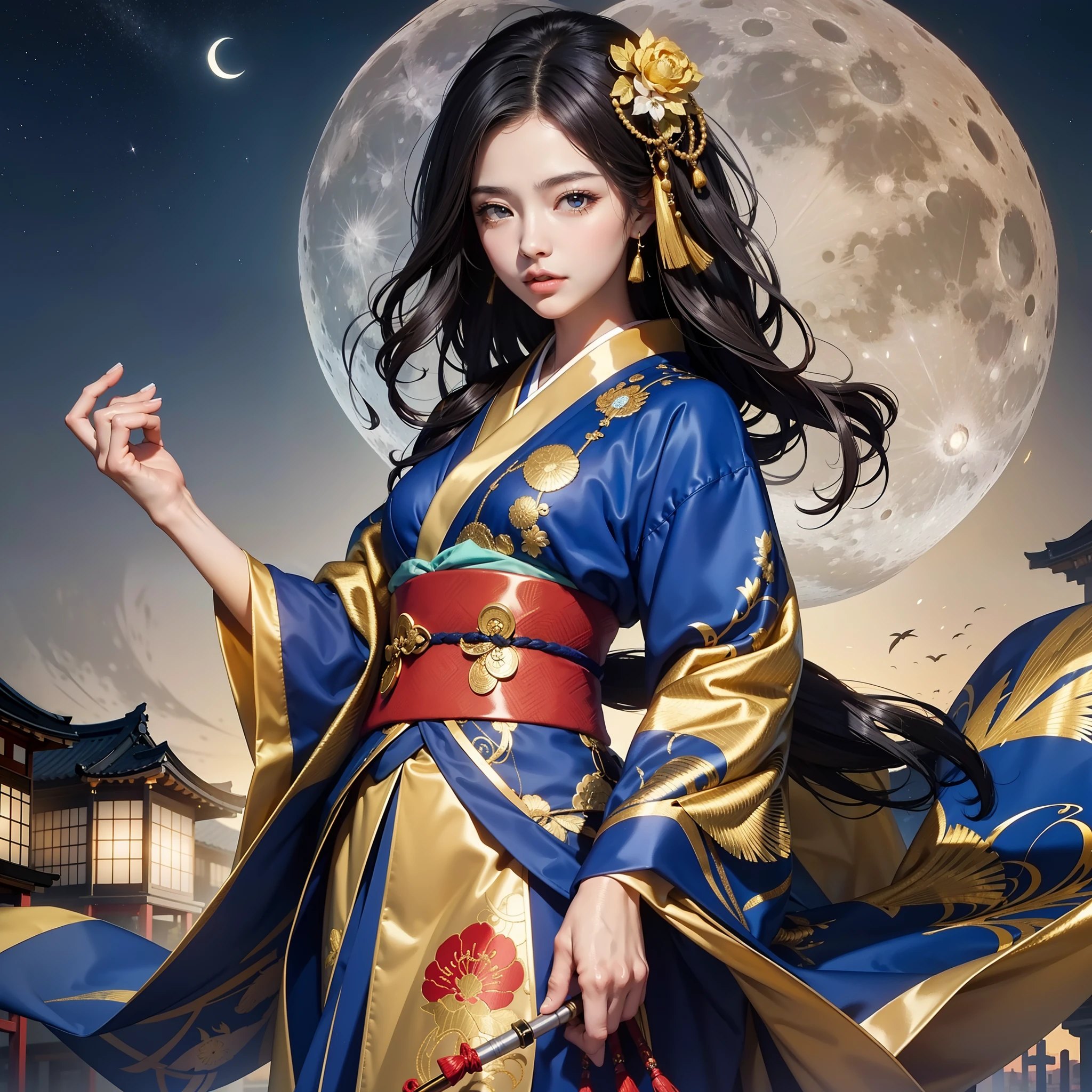 Detailed background((a moon:1.5),Desolate city)、BREAK,elaborate costume{Luxury kimono(Oil Kimono(Detailed golden embroidery,))}、BREAK,(Japanese Idol(actress):1.2)(face perfect:1.2),Depicting a beautiful and classy adult woman。glossy dark hair,poneyTail,Heart in the eye。 Wallpapers 16K, .Blur the background with a sickle,((masutepiece)), ((Best Quality)),{{a portrait photo of}},full body Esbian、Faraway view,Like a corporate logo