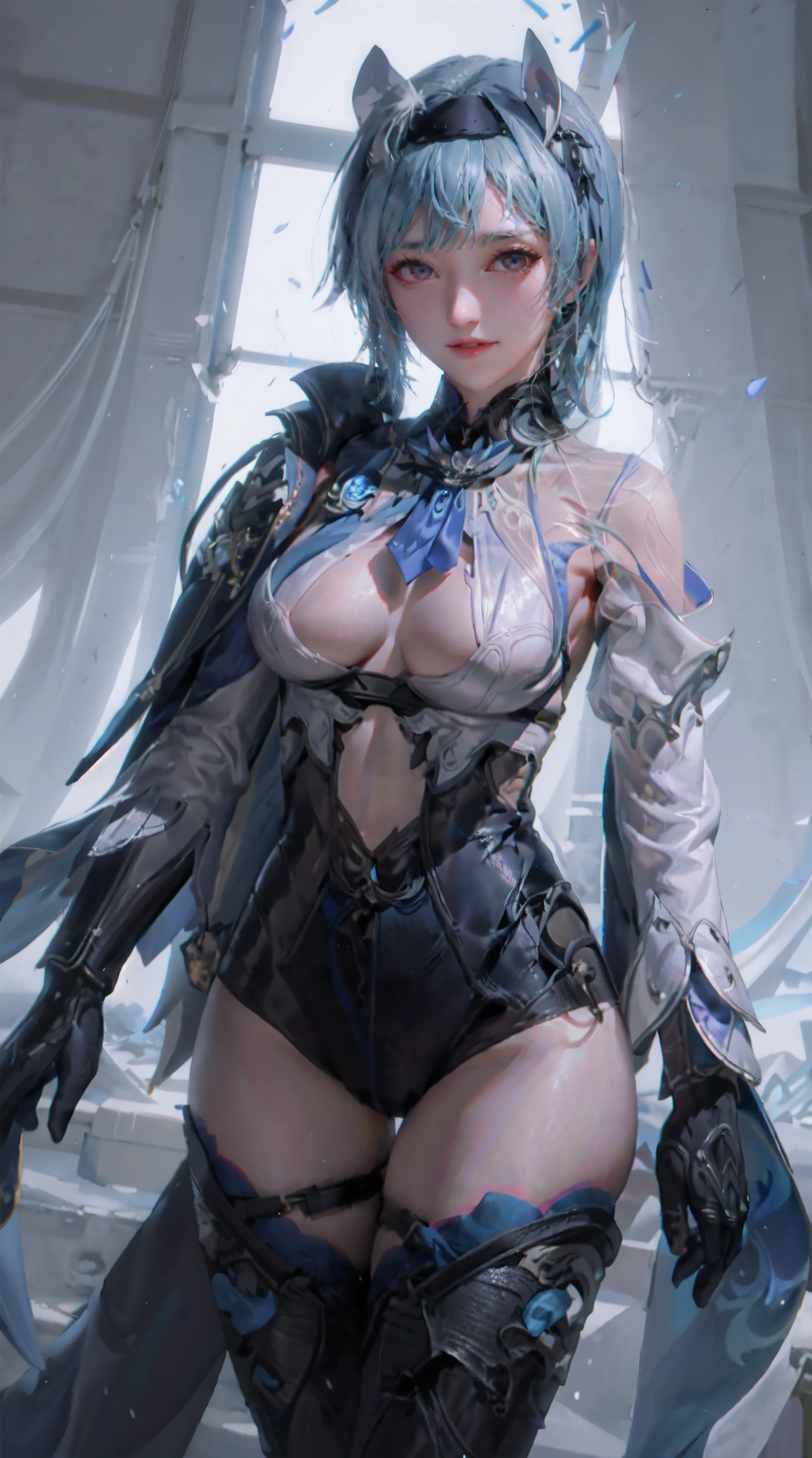 masterpiece, best quality, 1girl,eula \(genshin impact\),hairband,blue hair,multicolored eyes,necktie,cape,vision \(genshin impact\),leotard,long sleeves,gloves,sidelocks, black thighhighs, grey background,