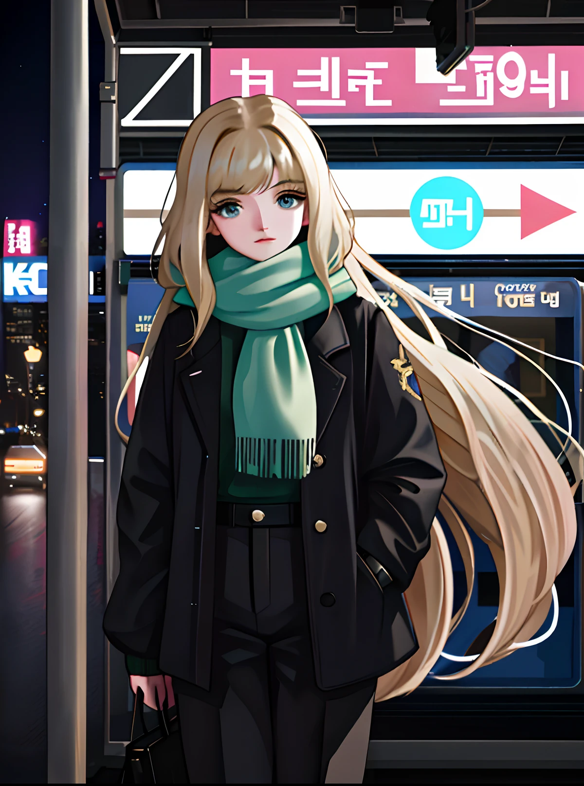 Under the streetlights, one night, the large screen of the bus stop was illuminated with a photo of a person on it. Below the photo, in front of the station sign, there is a girl with long hair that is slightly curled, wearing a beige sweater, scarf, and black pants. She looks at the large screen of the station sign and the photo is more Koreanclear outline light, edge light accent, whimsical fantasy, spotlight effects, in 8k resolution.