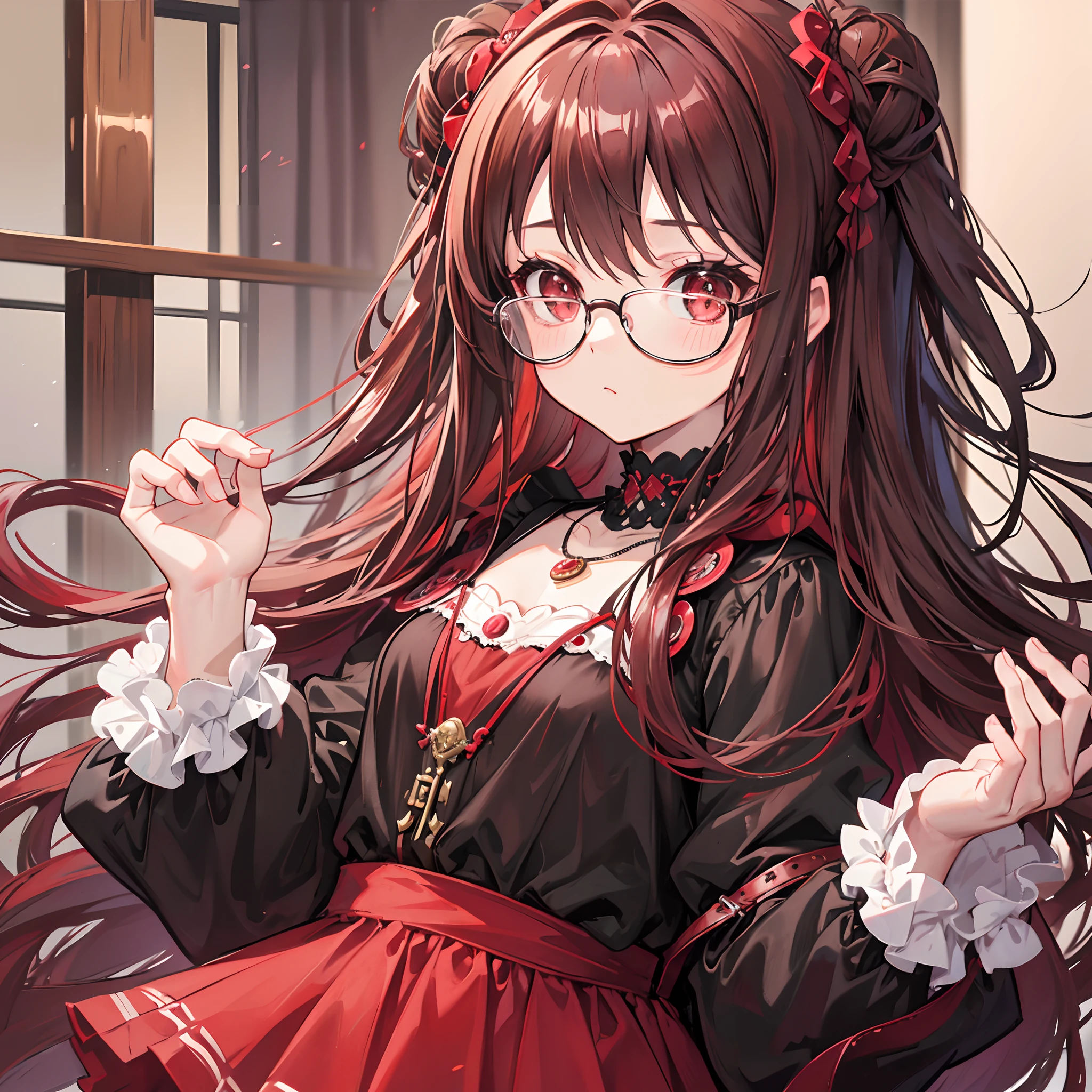 Reddish brown braided hair，With thick black-framed glasses，The eyes are very affectionate，With a cute black ring necklace，Lolita clothes in brown and red colors，The face is shiny and super tender，is a petite cute little sweet girl