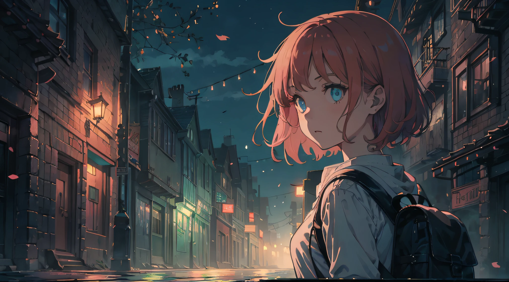 A young girl with long orange-pink hair and blue eyes, carrying a backpack walking down a deserted street, in the middle of the night with long shadows on it. Emily looks over her shoulder, her eyes wide with fear, as if she senses a presence behind her. At night. A dimly lit street with flickering street lights, and long shadows create an eerie atmosphere. Deserted street, long shadows. The street lights start flashing. Tree branches sway. Violently, the leaves rustle in the wind, creating an unsettling sound. At night. Emily's head turns sharply, her gaze darting from side to side, searching for any sign of danger.Attractive body