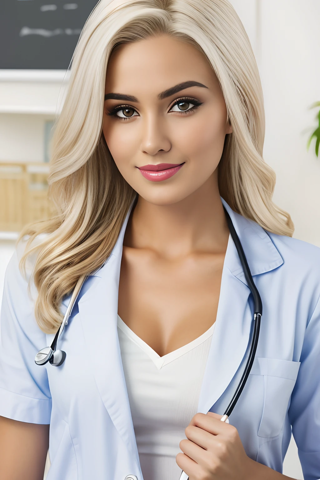 1girl em, idade29, Fairly photorealistic doctor,.jaleco de.white doctor, stethoscope , sozinha,Cabelos Longos, Olhando para o Viewer, cabelos loiros, olhos castanhos, corpo inteiro, fora dos ombros, max quality, seios grandes, super sharp image, 8k, pose bonita
