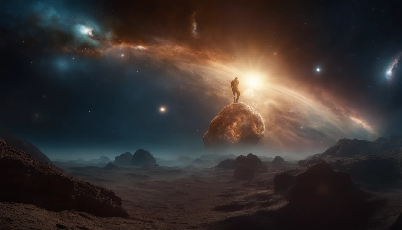 Cosmic titan on its back emerging from nebulae in outer space, chronos titan of time, (melhor qualidade, alta resolução, master part:1.2), ultra-detalhado, fotorrealista:1.37, surreal, cores vibrantes, etherial lighting, Energia Celestial, majestic presence, Aura sobrenatural, Spinning cosmic dust, great show.
