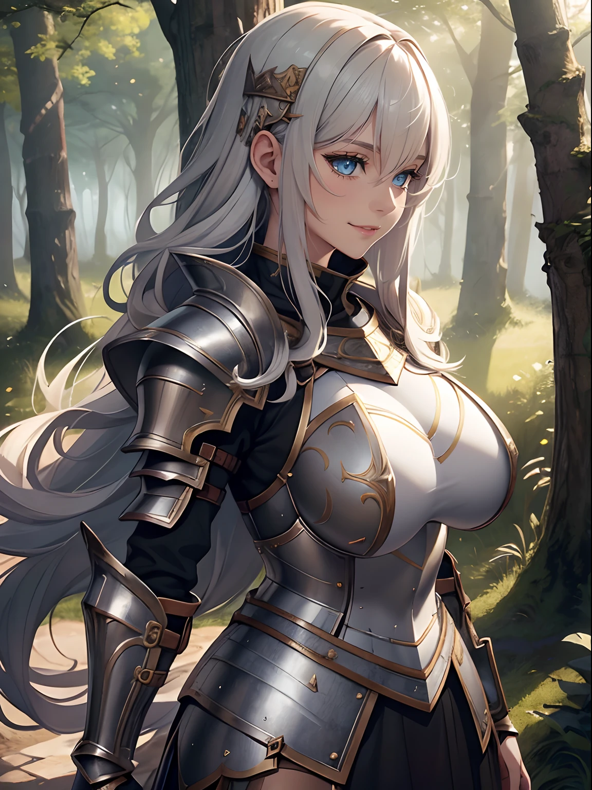 Women in Their 20s、fantasy worlds、offcial art, unity 8k wall paper, ultra-detailliert, beautifly、Aesthetic, masterpiece, top-quality, Photorealsitic、detailed costume、depth of fields, Fantastic atmosphere, Calm palette, tranquil mood, Soft shading、Round face、plump figure、very large breast、Happy smile、Woman knight、Dull silver armor、Armor that covers the whole body、blue eyess、a blond、Has a very large sword and shield、Big sword、in woods、short-cut、Upstyle Hair