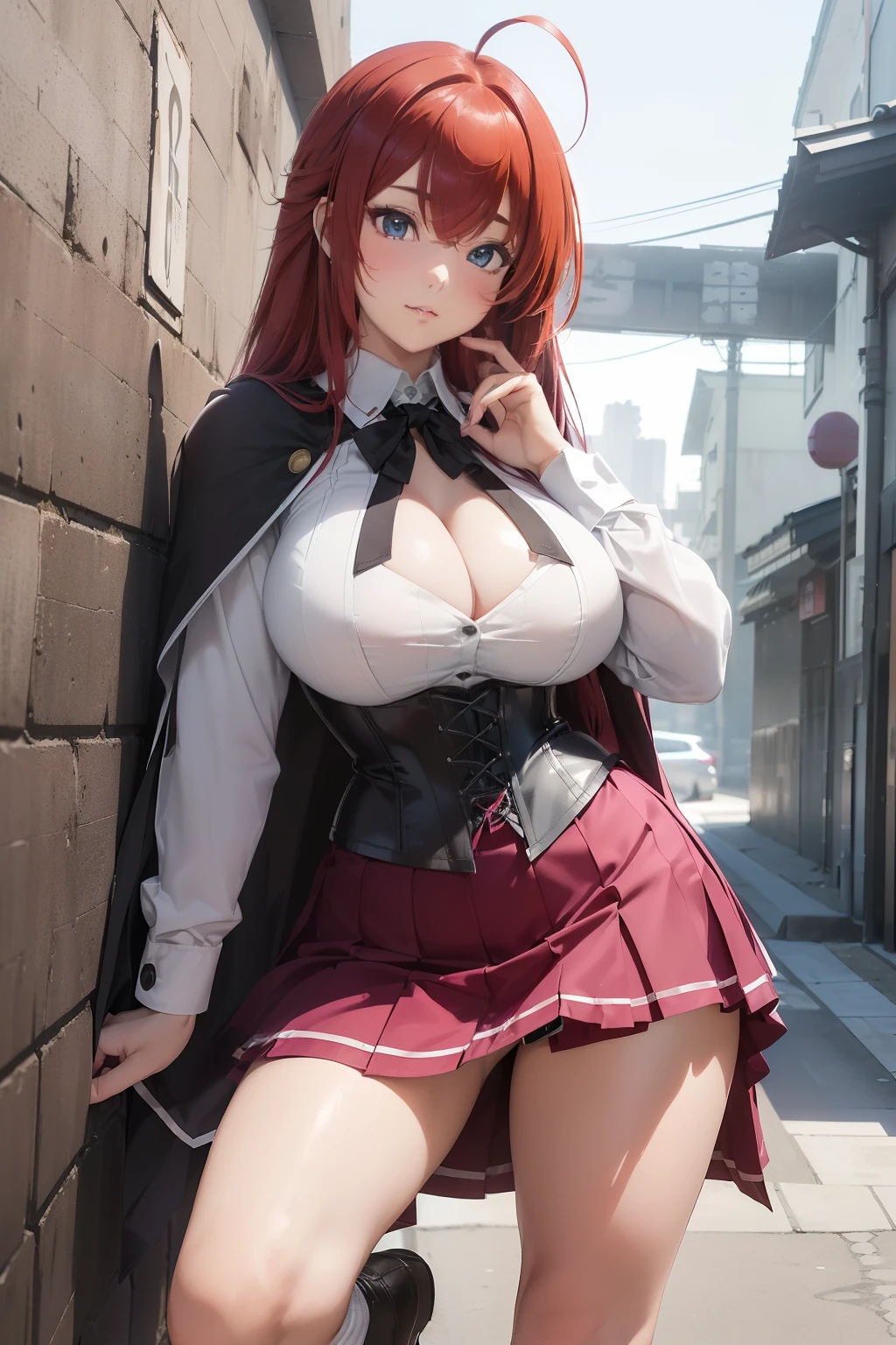 (masterpiece, best quality, ultra-detailed, 8k, wallpaper, photorealistic), ((perfect hands)), ((perfect anatomy)), ((large cleavage)), long round legs, round ass, ((alluring anime girl)), ((Rias Gremory)), ((beautiful young woman with a voluptuous body, white skin, blue eyes)), ((long, beautiful crimson hair that reaches down to her thighs with a single hair strand, known in Japan as ahoge sticking out from the top, her hair also has loose bangs covering her forehead and side bangs framing her face)), ((her most commonly worn outfit is the Kuoh Academy girls' school uniform, which consists of a white long-sleeved, button-down shirt, short sleeves, with a black ribbon on her shirt collar worn under a black shoulder cape and a matching button-down corset, a magenta skirt with white accents, and brown dress shoes over white crew-length socks)), ((medium shot, from below)), ((dynamic background)), ((sensual pose, leaning on a wall))