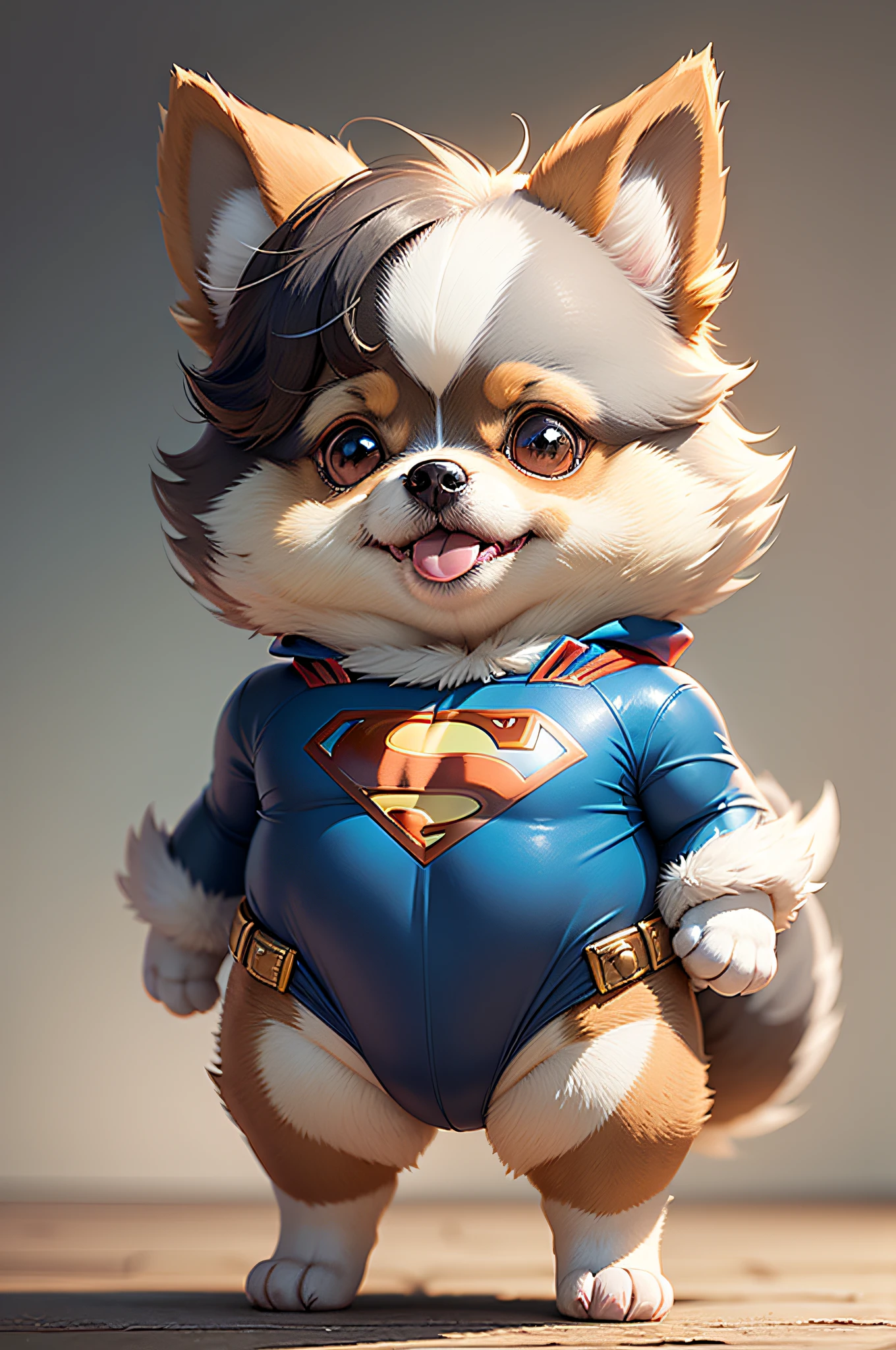 C4tt4stic,cartoon pomeranian dog in superman costume(The specifics of the appearance of the Pomeranian dog、Body hair is light gray)、a smile