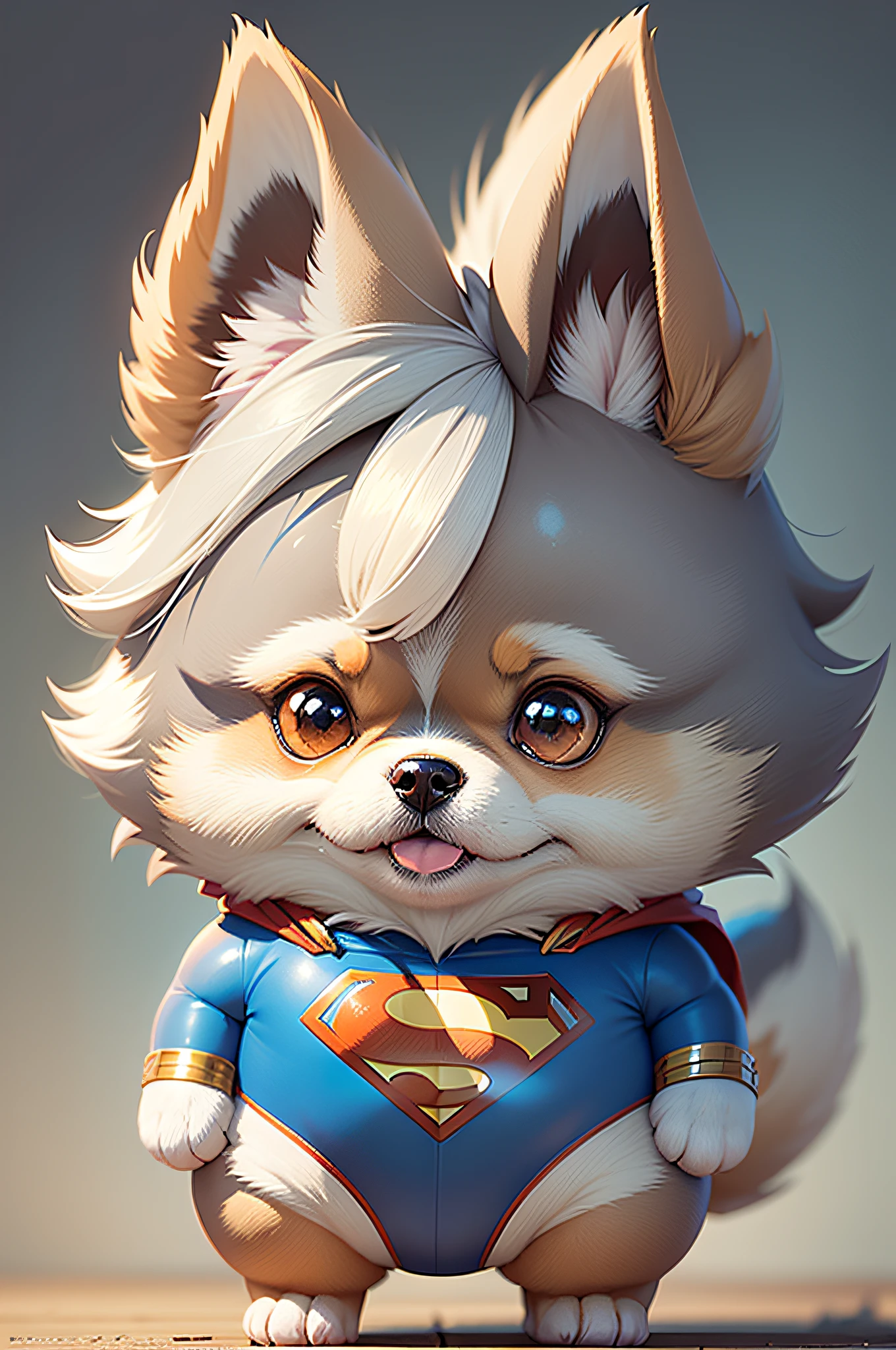 C4tt4stic,cartoon pomeranian dog in superman costume(The specifics of the appearance of the Pomeranian dog、Body hair is light gray)、a smile