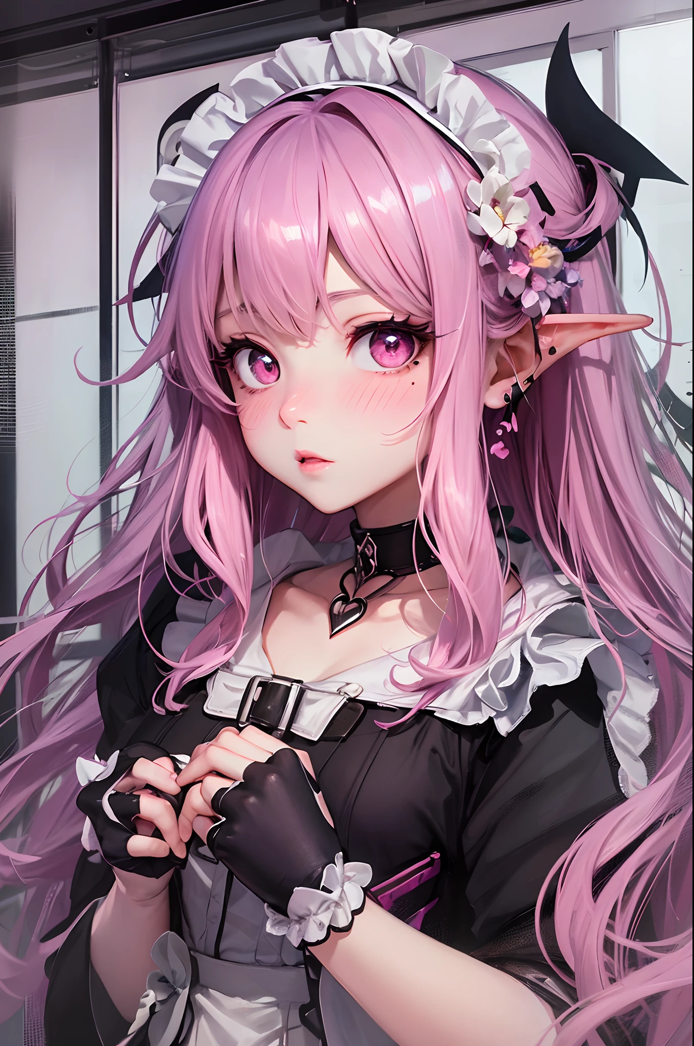 striated hair,Pink twin-tailed hair, Mole under the eyes, mole under mouth, Heart-shaped pupil, longeyelashes, Pink eyes, Heart-shaped choker、full body Esbian、gazing at viewer、Shy, blush, nose blush,Anime style, Color Field Painting, Ray tracing, bloom, One-person viewpoint, nffsw, awardwinning, 16 K, Best Quality, high details, High quality, masutepiece, hight resolution, ccurate, Super Detail、chee