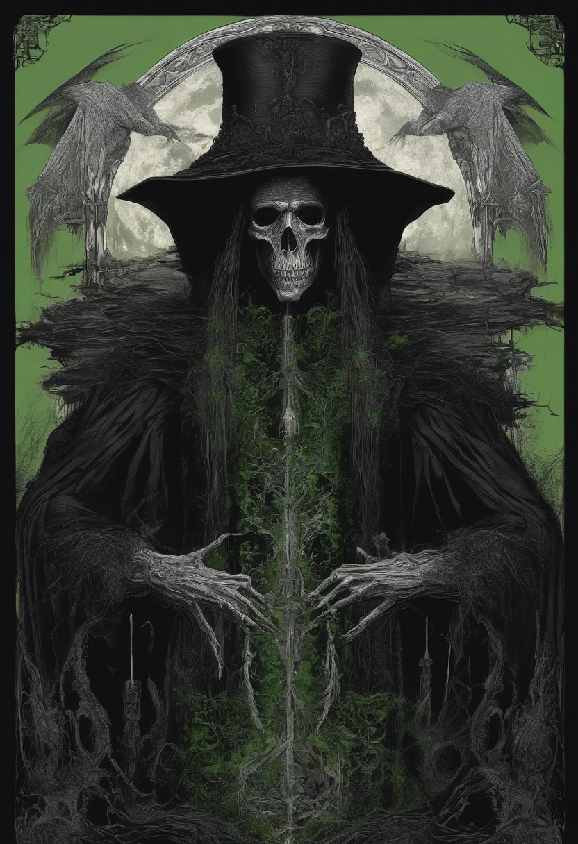 Um mago velho de bengala de pele negra e barba branca e longa, usando um manto verde