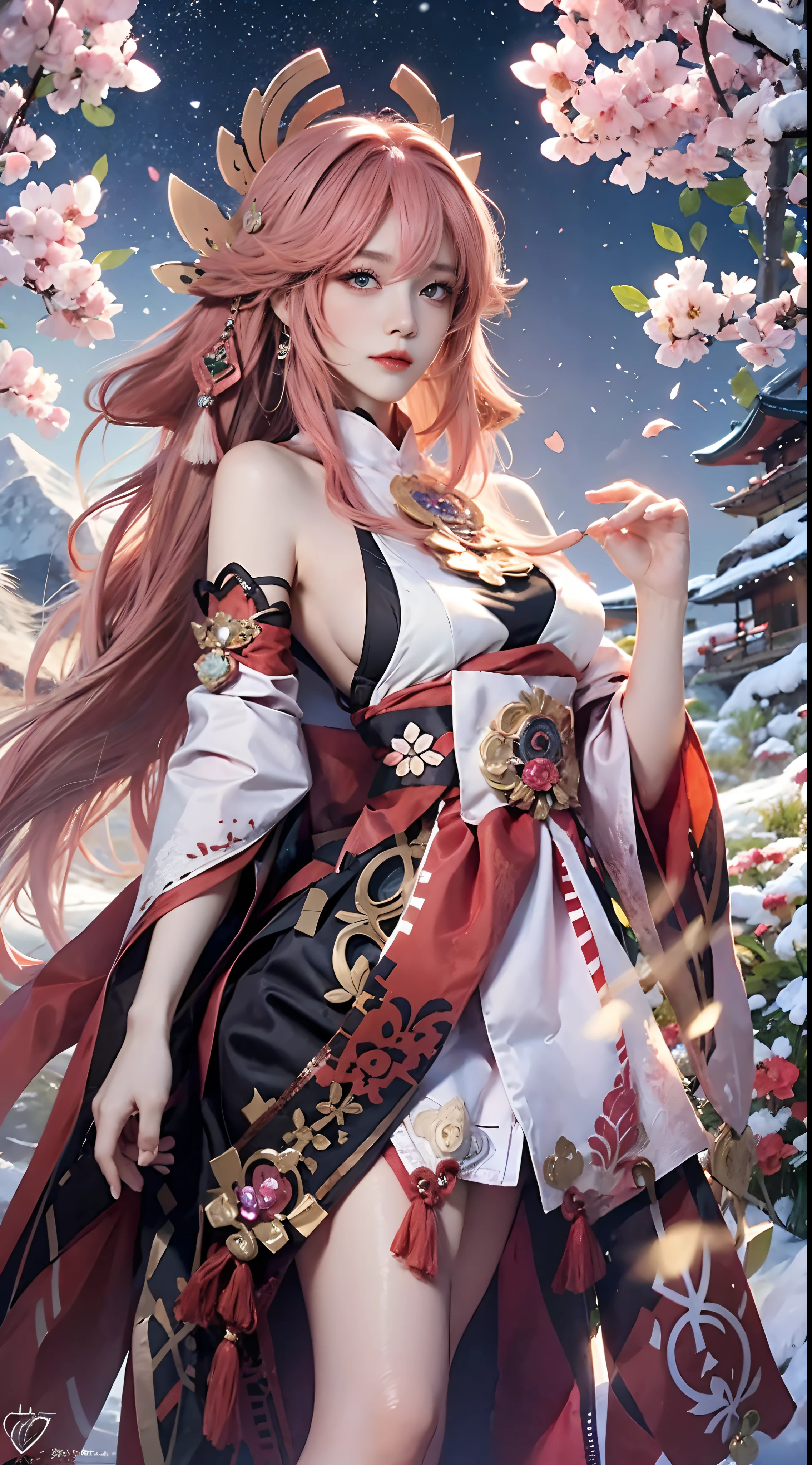 Girl in pink dress posing enchantingly,Keqing from Genshin Impact,Nakari from Genshin Impact,Barbie wears white lace stockings,From Azure Lane Video Games,Ki no Sakura,Popular on CGSTATION,ayaka genshin shock,1girl, Feathered feidie_helmet, White furry coat,, yuki, tmasterpiece, 8k, best qualtiy, black long straight hair, Red furry cape, cloaks,There are birds in the sky,There are butterflies in front(Half 2.0)Snowy mountains in the back,The sky is blue,Flowers in hand