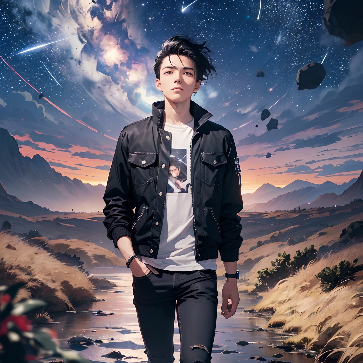 ((Best Quality, 8K, Masterpiece: 1.3)), landscape, morning shoot, star trail, slow speed, standing young man with black hair, black jeans, look at the stars, amazing scenery, hundreds of stars forming a circle.