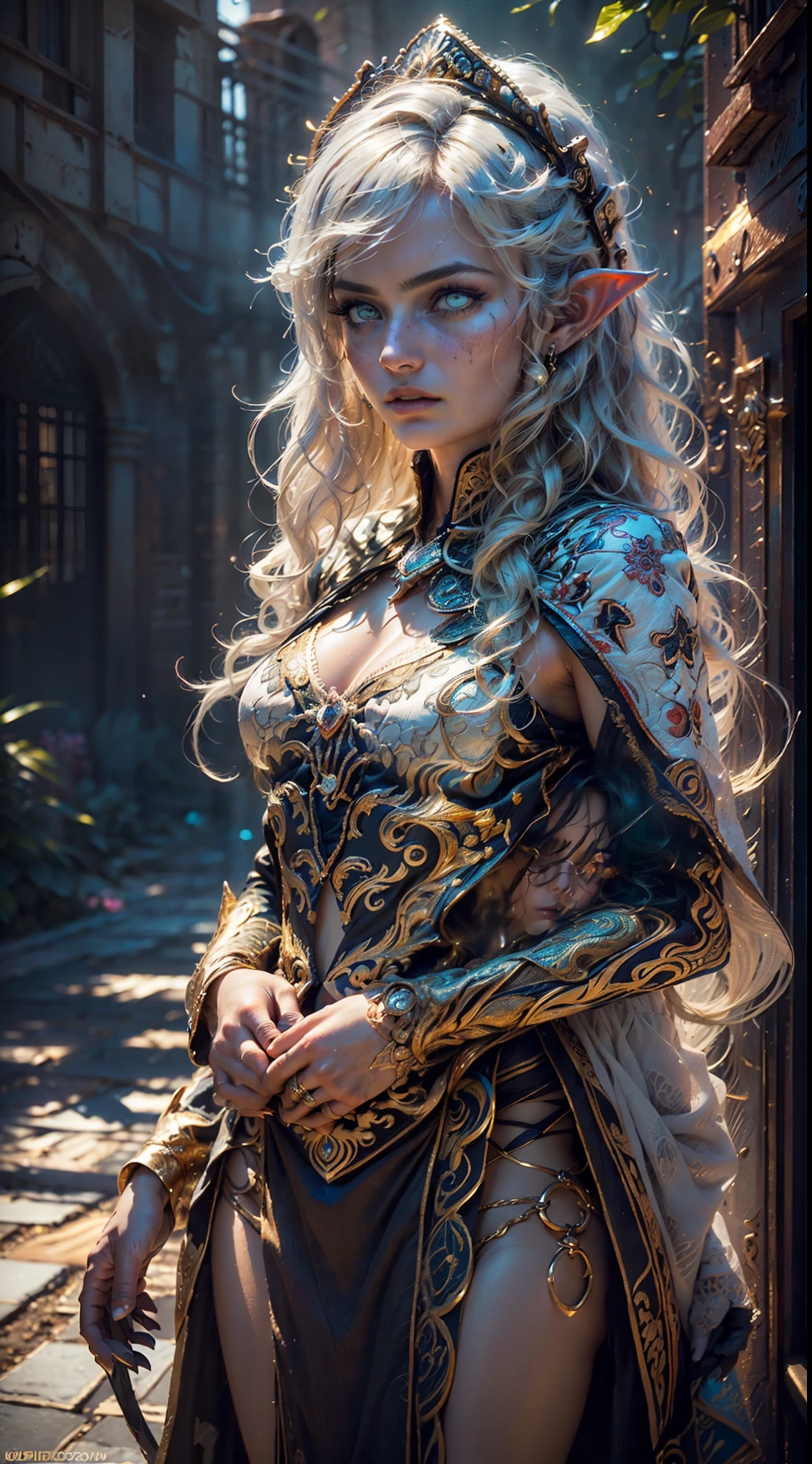 A stunning ((three quarters view (((cowboy shot))))) of an elf Queen ((standing in a courtyard)), wearing elaborate dress and elaborate bejewelled headdress, ((long flowing gold hair flying, bright gold eyes)), beautiful pale makeup, color portrait, striking golden eyes, cleavage, large breasts, gold dust spread across the skin and face, (dark, hyper-realistic photos (((HDR+)))), 8k, ((soft cinematic light)), Adobe Lightroom, Photolab, HDR, intricate, elegant, highly detailed, sharp focus, ((((((cinematic appearance)))), ((soft tones)), insane details, intricate details, hyperdetailed, l((ow contrast, soft cinematic light)), bold colors, exposure mix, faded, slate atmosphere.