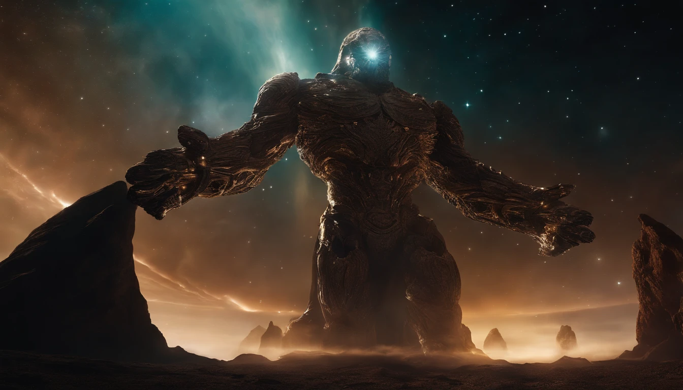 Cosmic titan emerging from nebulae in outer space and rising above the horizon, (melhor qualidade, alta resolução, master part:1.2), ultra-detalhado, fotorrealista:1.37, surreal, cores vibrantes, etherial lighting, Energia Celestial, majestic presence, Aura sobrenatural, Spinning cosmic dust, great show.