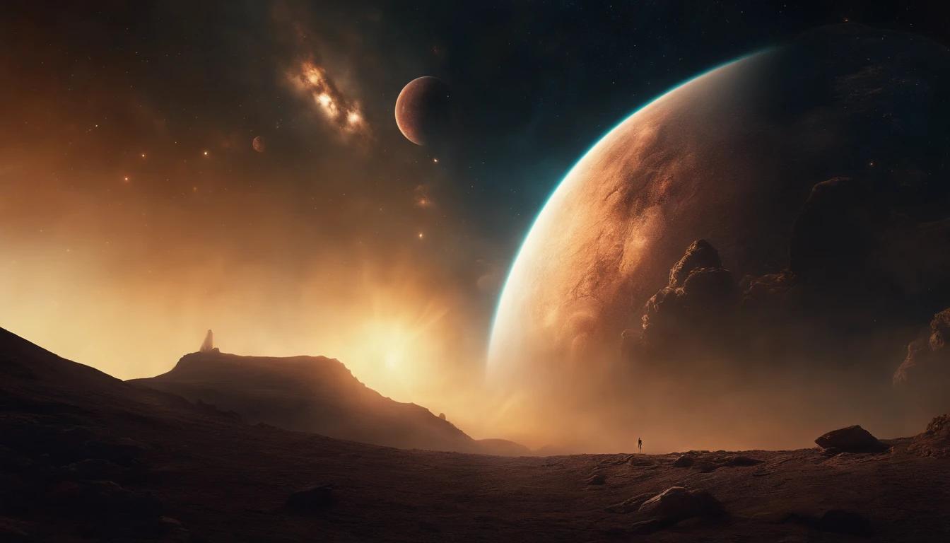 Cosmic titan emerging from nebulae in outer space and rising above the horizon, (melhor qualidade, alta resolução, master part:1.2), ultra-detalhado, fotorrealista:1.37, surreal, cores vibrantes, etherial lighting, Energia Celestial, majestic presence, Aura sobrenatural, Spinning cosmic dust, great show.