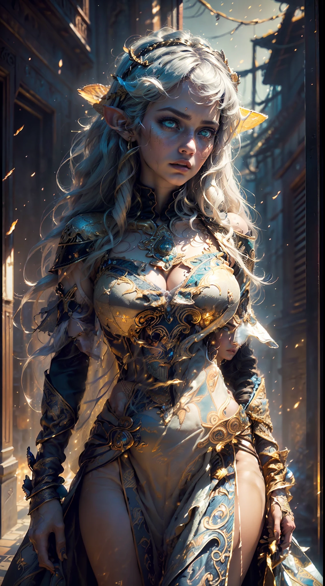 A stunning ((three quarters view (((cowboy shot))))) of an elf Queen ((standing in a courtyard)), wearing elaborate dress and elaborate bejewelled headdress, ((long flowing gold hair flying, bright gold eyes)), beautiful pale makeup, color portrait, striking golden eyes, cleavage, large breasts, gold dust spread across the skin and face, (dark, hyper-realistic photos (((HDR+)))), 8k, ((soft cinematic light)), Adobe Lightroom, Photolab, HDR, intricate, elegant, highly detailed, sharp focus, ((((((cinematic appearance)))), ((soft tones)), insane details, intricate details, hyperdetailed, l((ow contrast, soft cinematic light)), bold colors, exposure mix, faded, slate atmosphere.