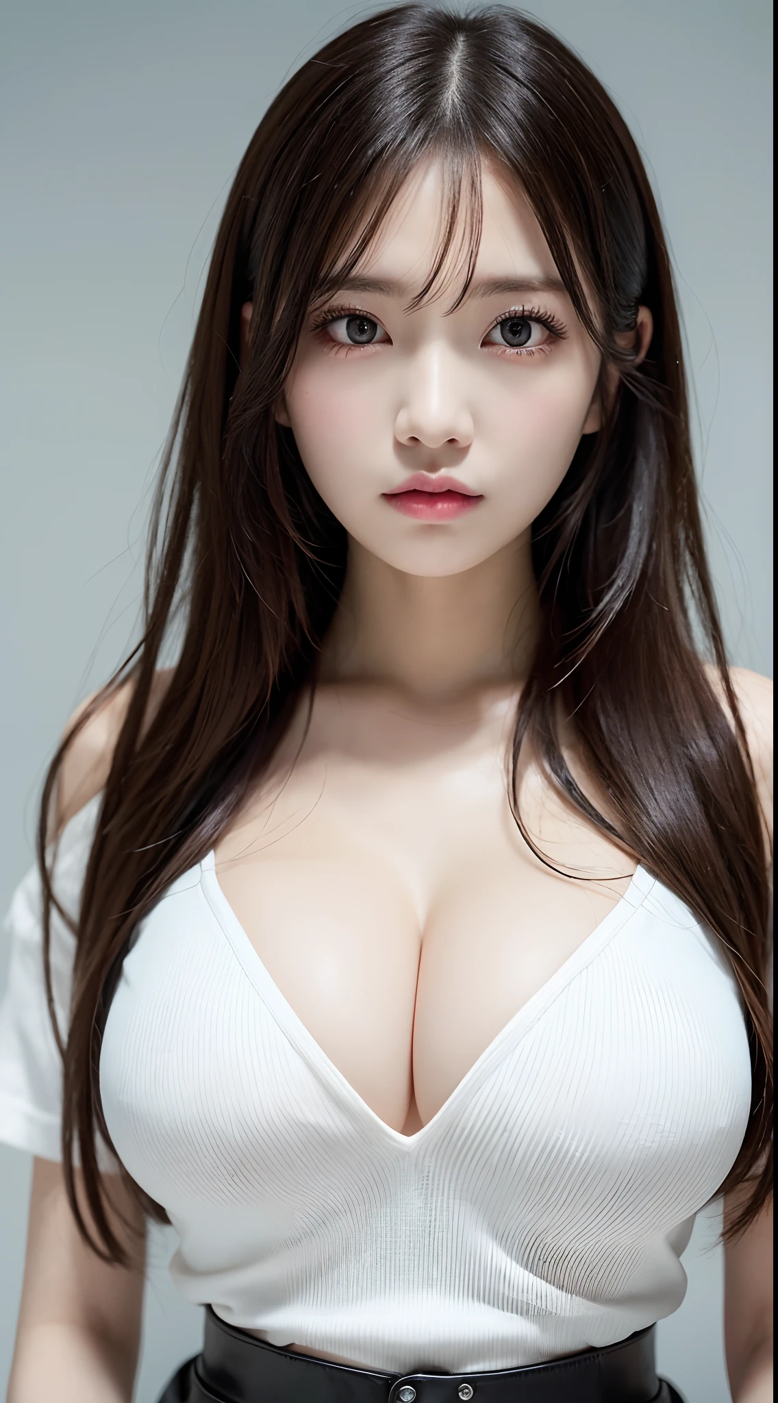 masutepiece, Best Quality, Illustration, Ultra-detailed, delicate detail, Hight Resolution, 8K wallpaper, Perfect dynamic composition, Beautiful detailed eyes, Natural Lip, (Sexy shirt, Leather skirt), (((Huge breasts :1.2, and droopy breasts:1.1))), cleavage, Random sexy poses, s whole body, super delicate face, (((Dazzlingly white skin))), moist lips, (Very long hair), Innocent Big Eyes, Detailed Eyes, ((very detail eyes))