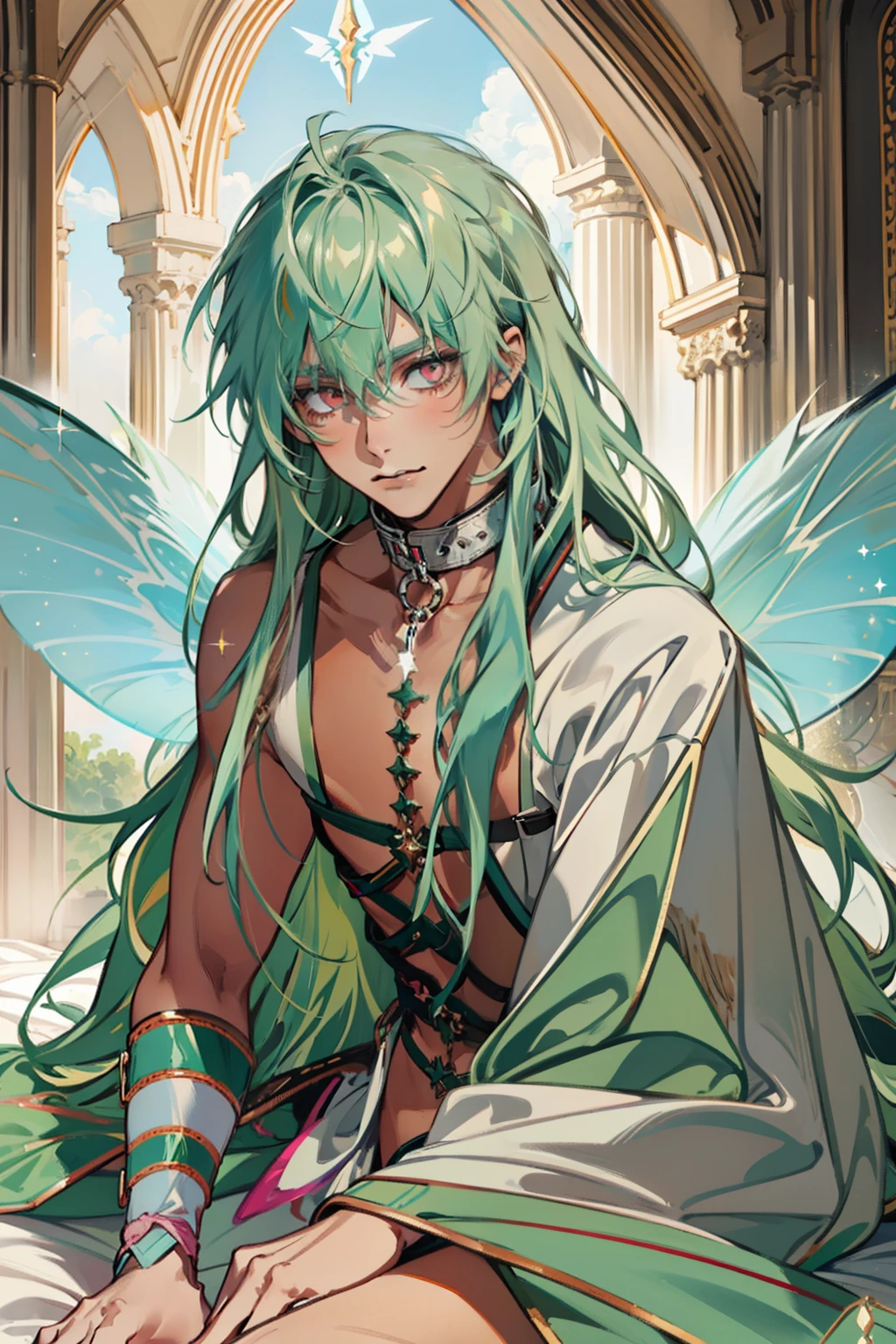 1 male, solo, masterpiece, best quality, (grin, looking back:0.5), (light green hair, long hair, fluffy hair:1.2), pink eyes, tan skin, (, partially wrapped in blankets, sitting in bed), collar, animal collar, leather collar, bedroom, Middle Ages, fantasy, (fairy wings, large wings, light blue green wings, white wings, sparkle wings)