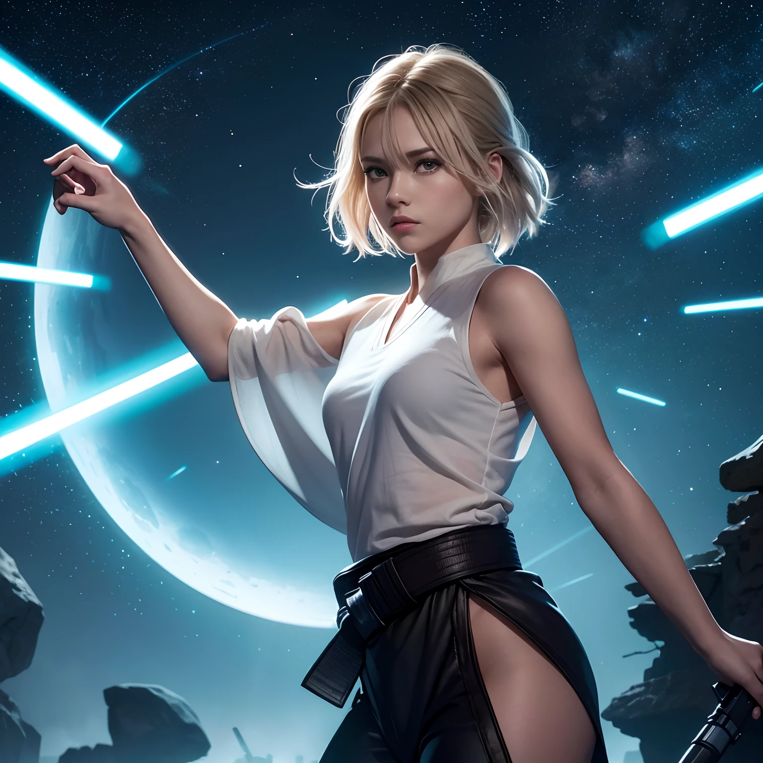 Illustrierte Charakterkonzeptzeichnung eines weiblichen menschlichen Jedi-Ritters, Krieg der Sterne, slender physique, wildes braunes geflochtenes Haar weht im Wind, Jedi-Roben und Tunika, black belt, with turquoise lightsabers, Highly detailed, Einspielung, Star Wars-Konzeptzeichnungen, Wild und frei, (perfekte anatomie)