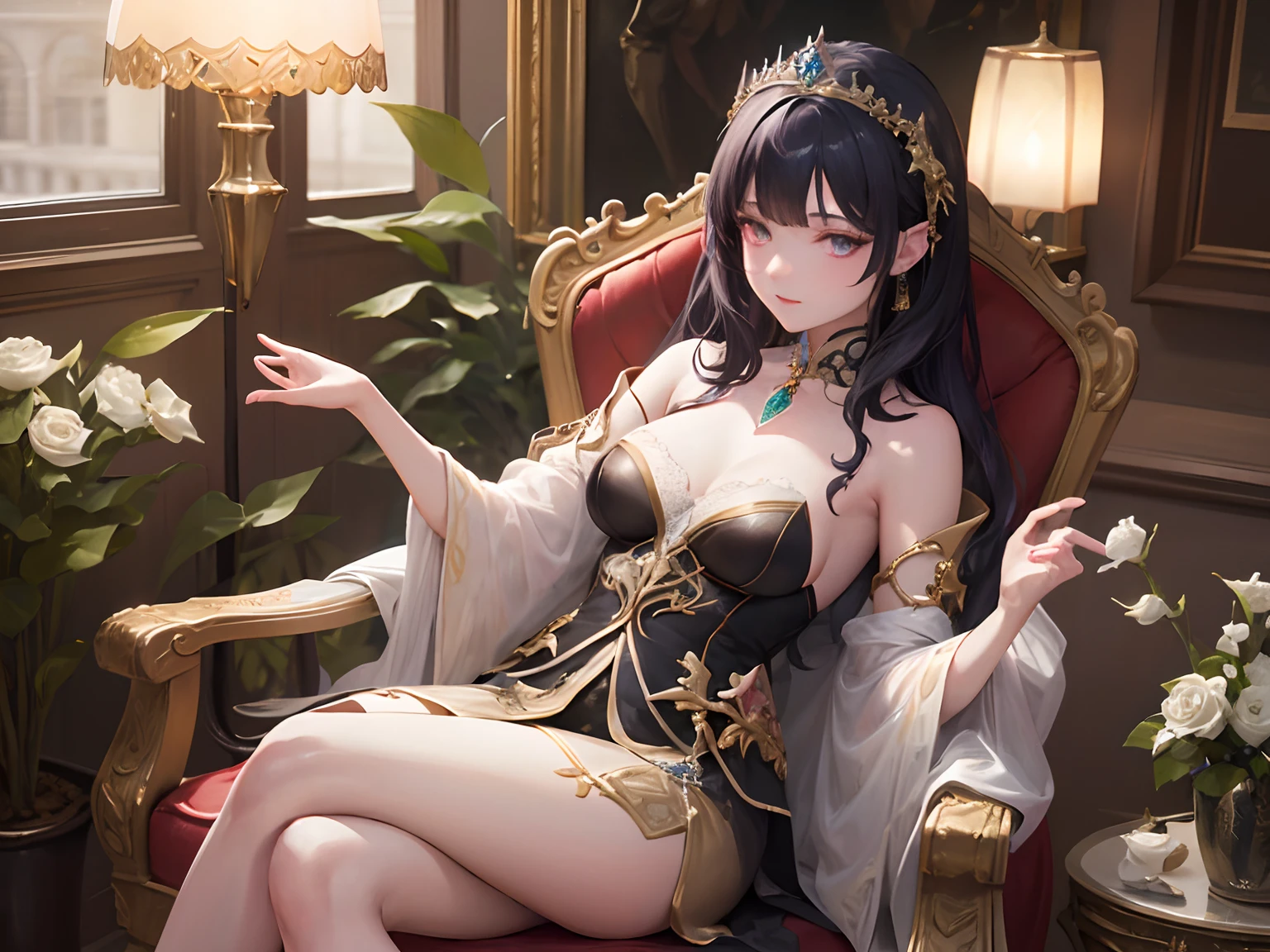 This is、It's a masterpiece of realistic fantasy with lots of sparkles, Glitter, and intricate ornate details. Produces one petite woman with a beautiful delicate crown sitting on a garden swing at night. She is a beautiful and seductive butterfly queen with stunning curly dark blue hair, (((Incredibly realistic and detailed dynamic eyes in bright colors with realistic shading))).  Her skin is translucent white, Her eyes are shining, And her dress is elegant. Her dress is spun with delicate and finest gossamer silk, Convoluted, Delicate floral details and gold silk butterfly sleeves. Her face is lovely and lonely. Include flowers that glow in the dark, Lots of particles, Highly realistic fantasy butte fly with translucent gem-colored wings and fine details, And shine. Artwork done in the style of Guviz、Trending fantasy titles from Artstation and Midjourney、Reminds of the masters of this genre. camera: Using dynamic composition techniques、Emphasizes ethereal delicacy and delicate details, Blunt Bangs, purple eyes