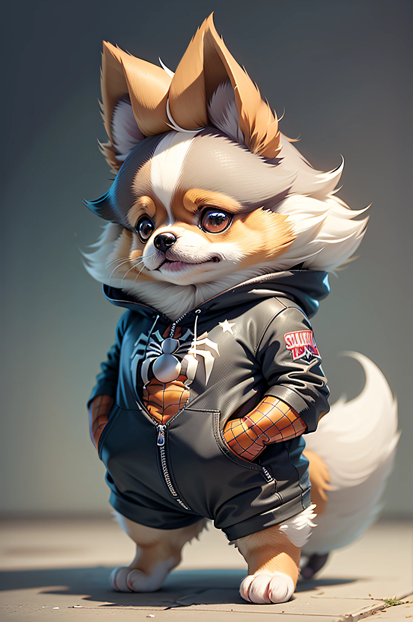 C4tt4stic,Cartoon Pomeranian dog in a Spider-Man costume(The specifics of the appearance of the Pomeranian dog、Body hair is light gray)