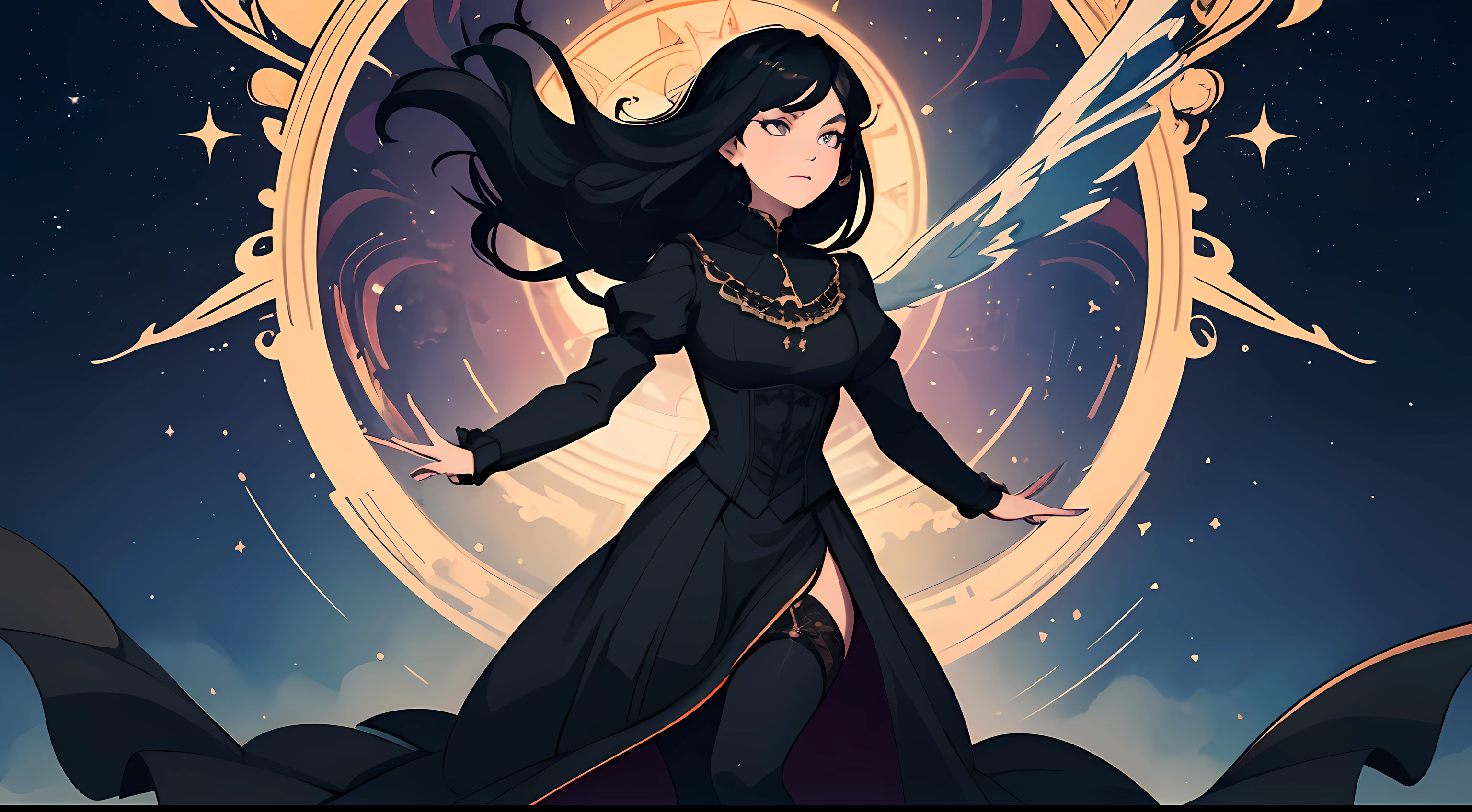 beautiful and asethetic, masterpiece, movie poster, best quality, drawing of a of a long black haired woman with a high collared black long sleeved victorian dress dramatic pose in front of a floating steam train, celestial, stars, bright colors, abstract, by james jean style, fantastical elements