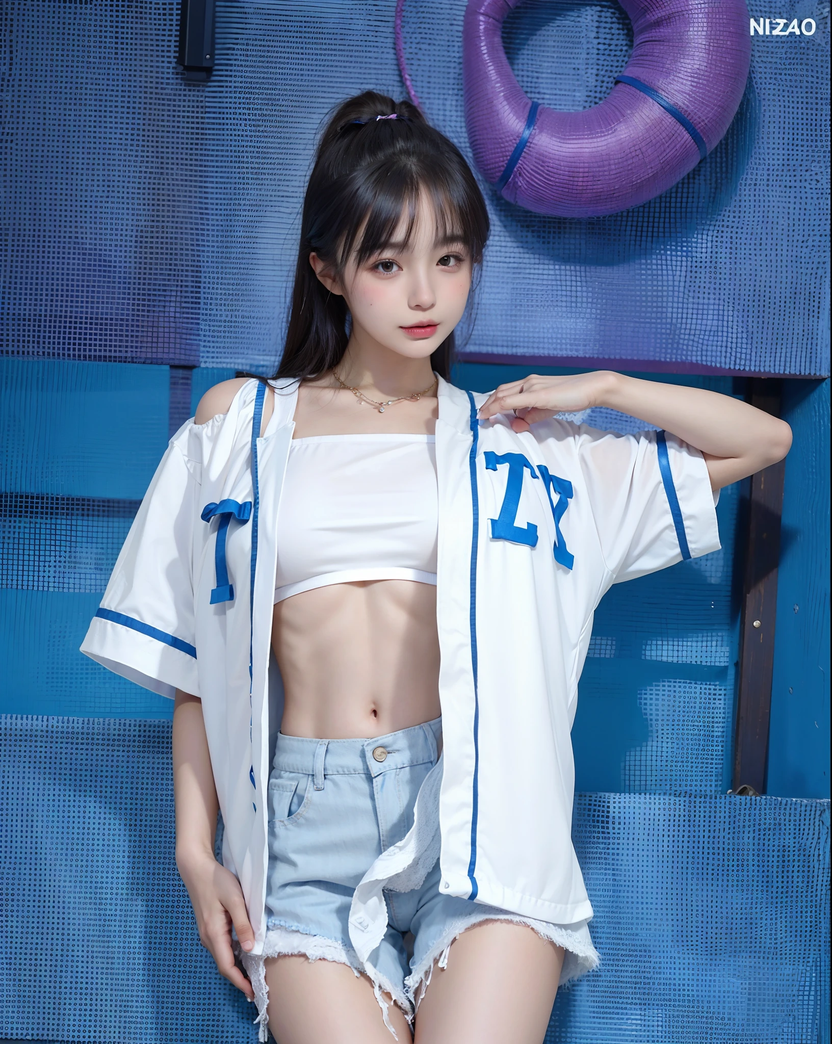 solo, short ponytails,beautiful girl,15 years old,,highschool student,akb48,nogizaka46,pink nipple,small breasts,skinny,2girl,((multiple girls)), from below, black hair, light smile, daypack, bangs, , pov, , short pink sleeves, standing, black eyes, mole, masterpiece, best quality, ultra quality, high quality, realistic, photo realistic, RAW photo, hyper detailed, intricate detailed, train station, train,upperbody,(bottomless:1.0),(blue pink panties:1.5),