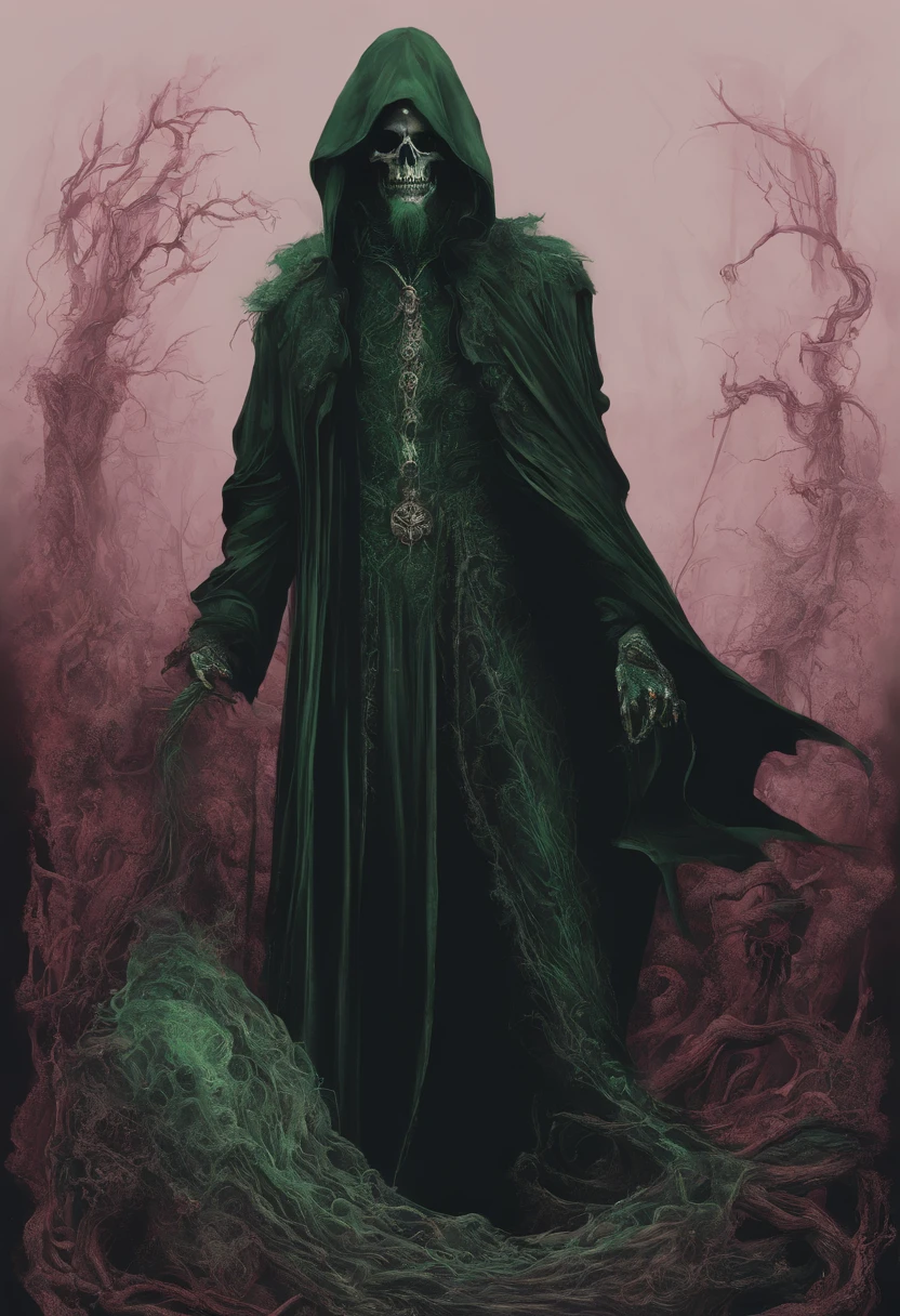 Um mago velho de bengala de pele negra e barba branca e longa, usando um manto verde com 4 gemas em suas maos, uma verde, uma azul, uma rosa e uma vermelha