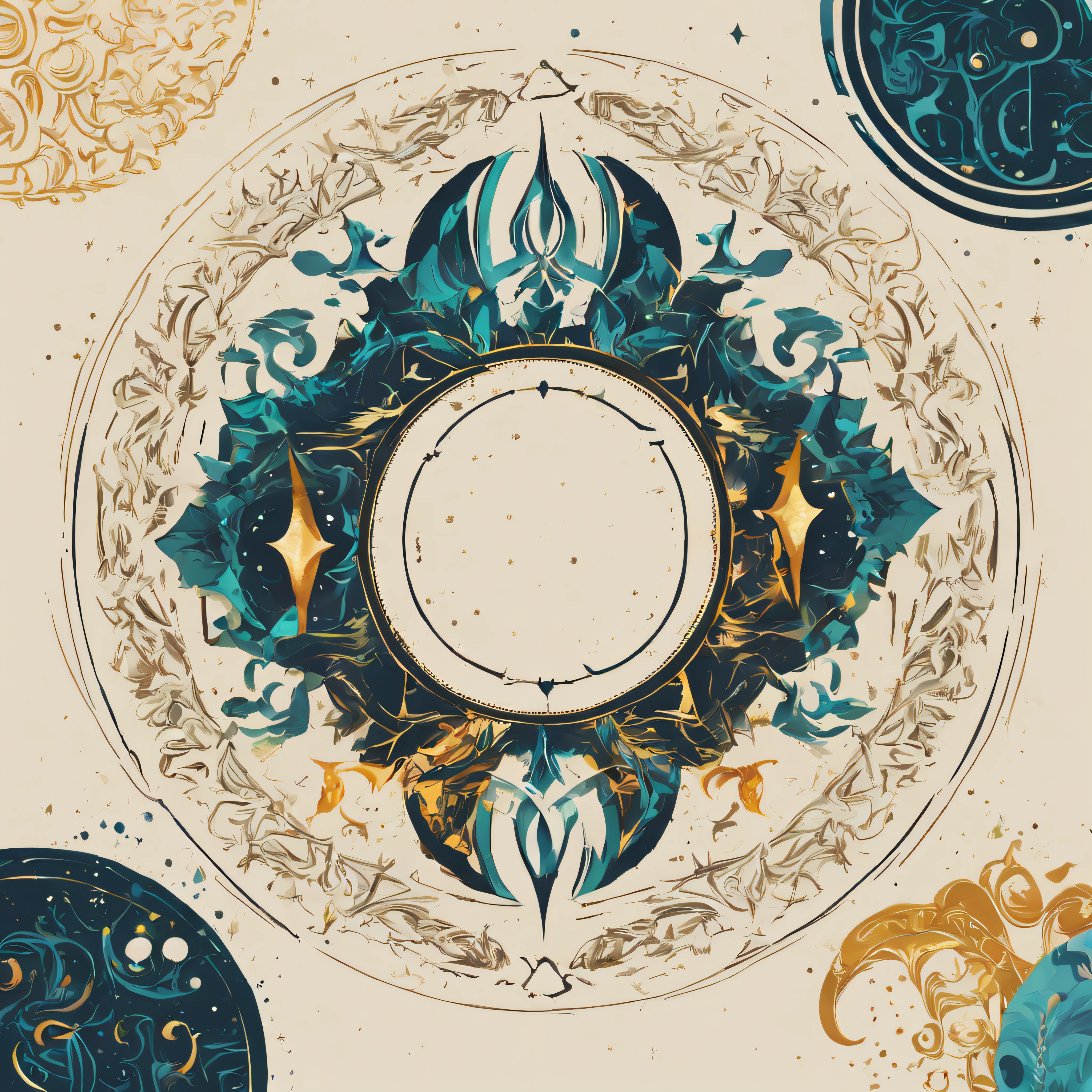 Create a visually striking logo that merges the essence of Scorpio, Aquarius, and Aries. Embrace the abstract and conceptual style, exploring the intertwined symbolism of these zodiac signs. Focus on intricate patterns, vibrant colors, and a harmonious composition that captures the mystique and individuality associated with these astrological signs.