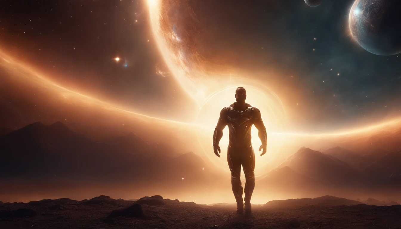 Ethereal, cosmic titan emerging from nebulae in outer space and rising above the horizon, (melhor qualidade, alta resolução, master part:1.2), ultra-detalhado, fotorrealista:1.37, surreal, cores vibrantes, etherial lighting, Energia Celestial, majestic presence, Aura sobrenatural, Spinning cosmic dust, great show.