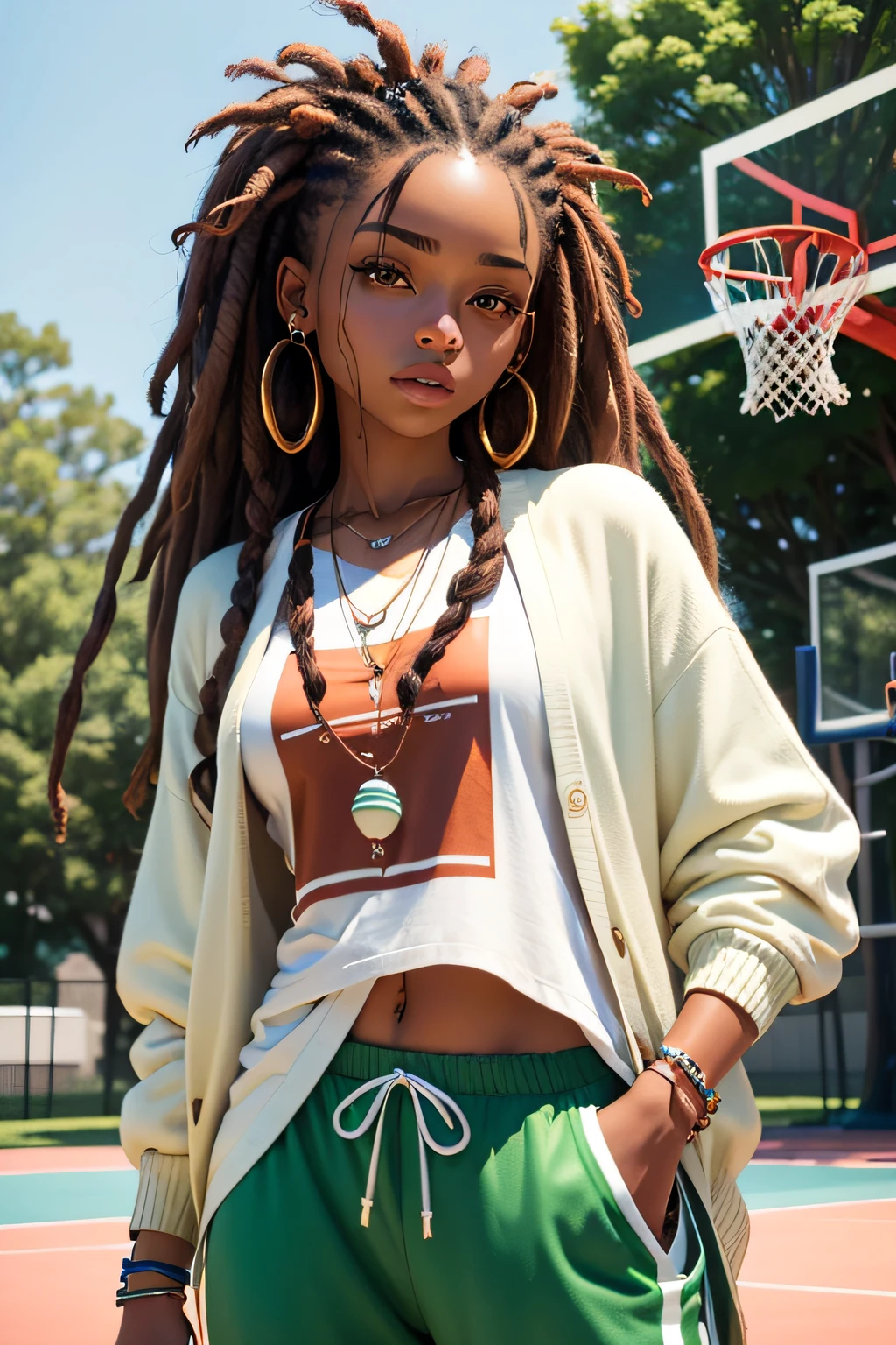 recreate her headshot more stem aesthetic brown skin with tamed dreads wearing a cardigan and a blank white tshirt and jade green joggers. make her holding a basketball on a outdoor basketball court with a basketball hoop and trees in the background. wearing a carnelian crystal necklace