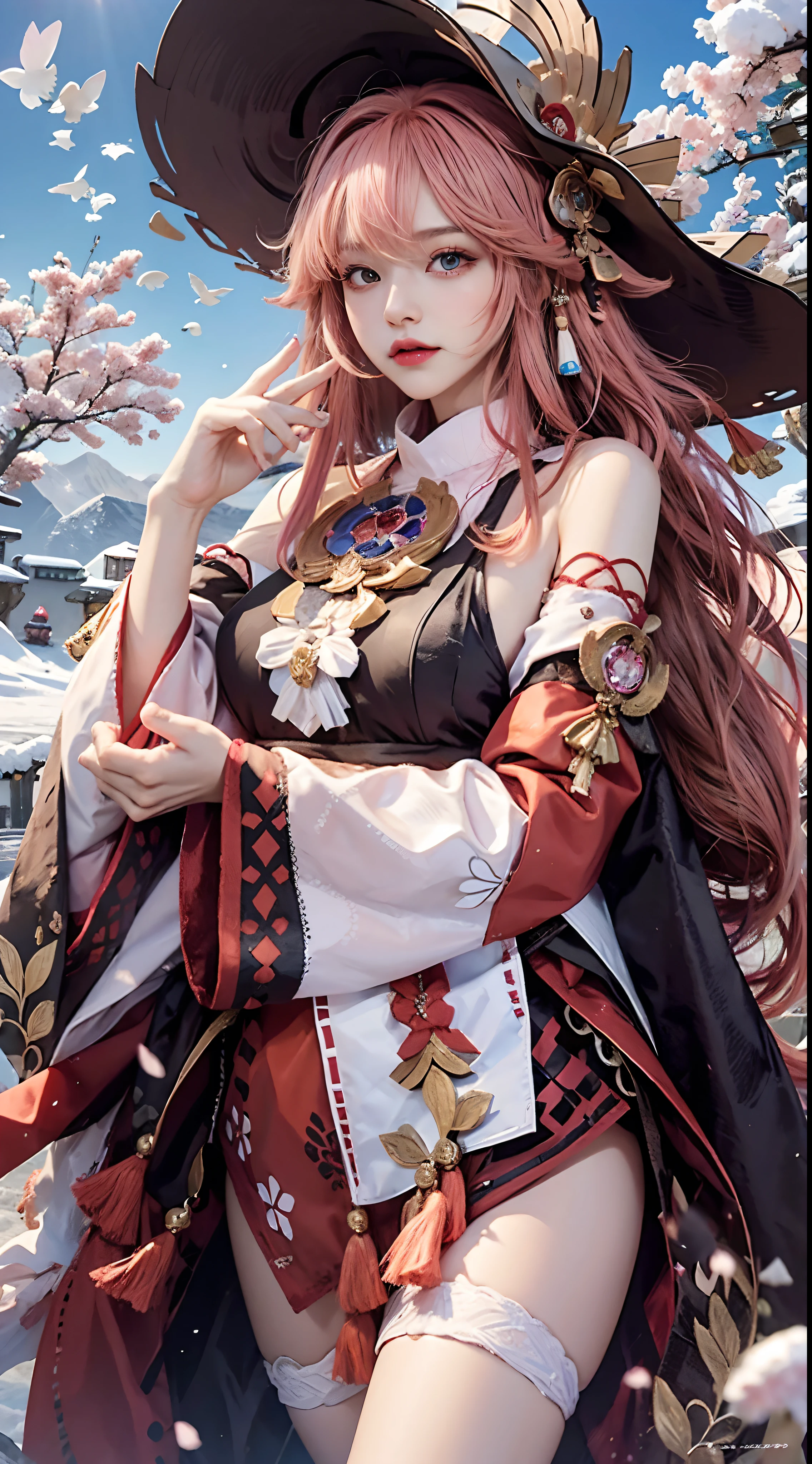 (wallpaper quality, 8K, extreme detail, extreme realism, oily, shiny rosy skin: 1.5), girl poses enchantingly in pink dress, Kokiyo from Genshin Impact, Nakari from Genshin Impact, (Barbie wears white lace stockings, exposing side breasts), from Azure Lane video game, Ki no Sakura, popular on CGSTATION, Ayaka Genshin Impact, 1girl, Feather feidie_helmet, Masterpiece, 8k, Best quality, Long straight black hair, red furry cape, cape, birds in the sky, butterflies in front (full body 2.0) snowy mountains behind, the sky is blue, holding flowers, (realistic, realistic, sexy slim model body),