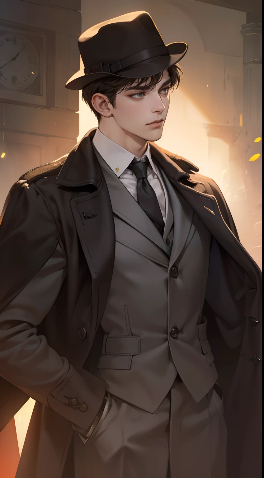 masterpiece, best quality, realistic, 1man, mature male, quiet and charming young man, 25 years old, close his eyes, serious look, extremely detailed face, ((dark grey eyes)), ((short-right-swept dark brown hair)), [thick eyebrows], detective, ((Dressed in a classic overcoat and fedora hat with gloves)), cinematic lighting, looking at the audience, posture dynamics, Victorian era