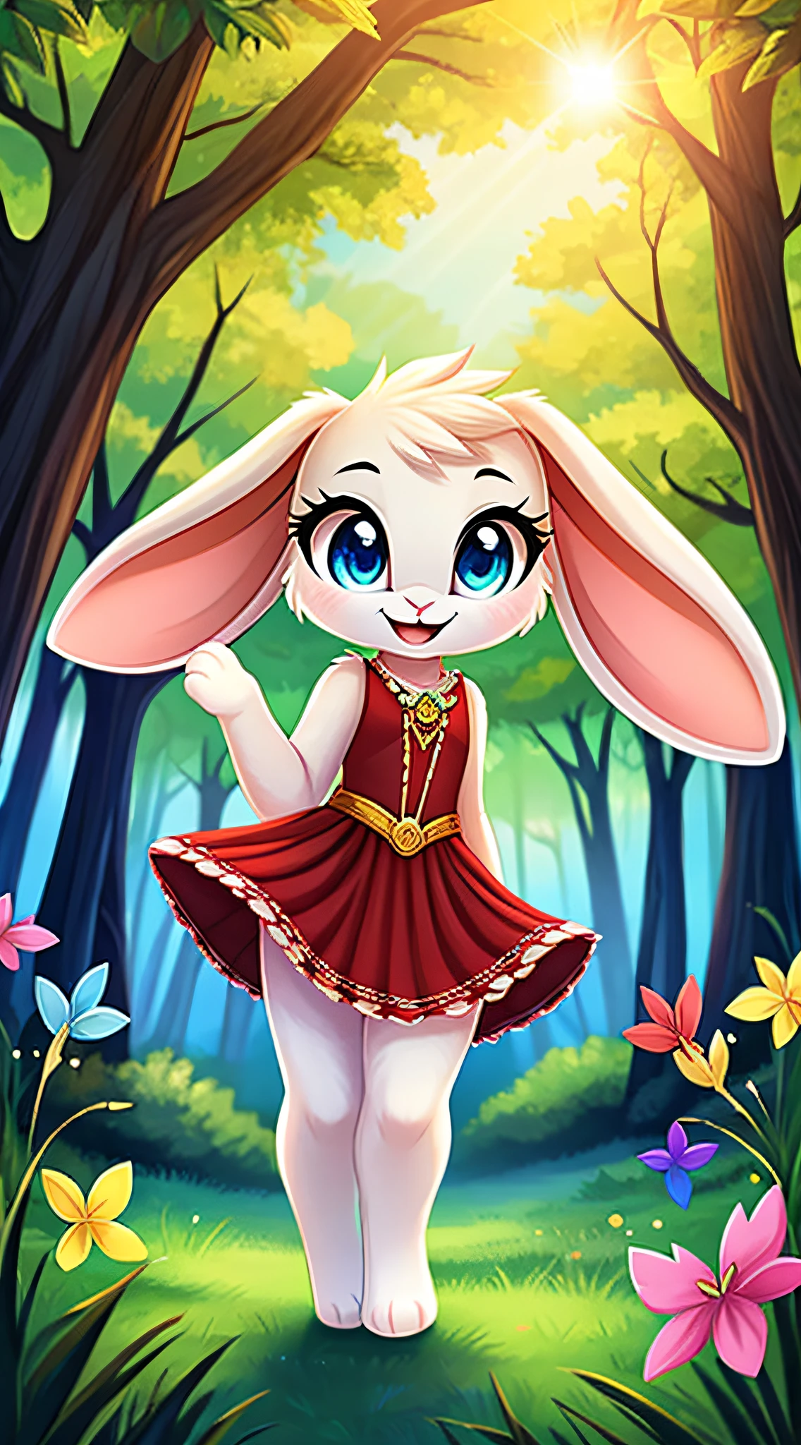 zoomed out image, fantasy style art, cute, adorable, short, tiny, little fluffy female white bunny with blue eyes, 2 extra ears, 4 ears, big floppy ears, long ears, ears perked up, raised ears, long eyelashes, poofy rabbit tail, smiling, standing in a forest, wearing a red frilly dress, big expressive smile, open mouth, wide eyes, excited eyes, excited face, stunning visuals, sunlight coming through the trees, colorful flowers scattered in the bushes, colorful butterflies flying around, digital illustration
