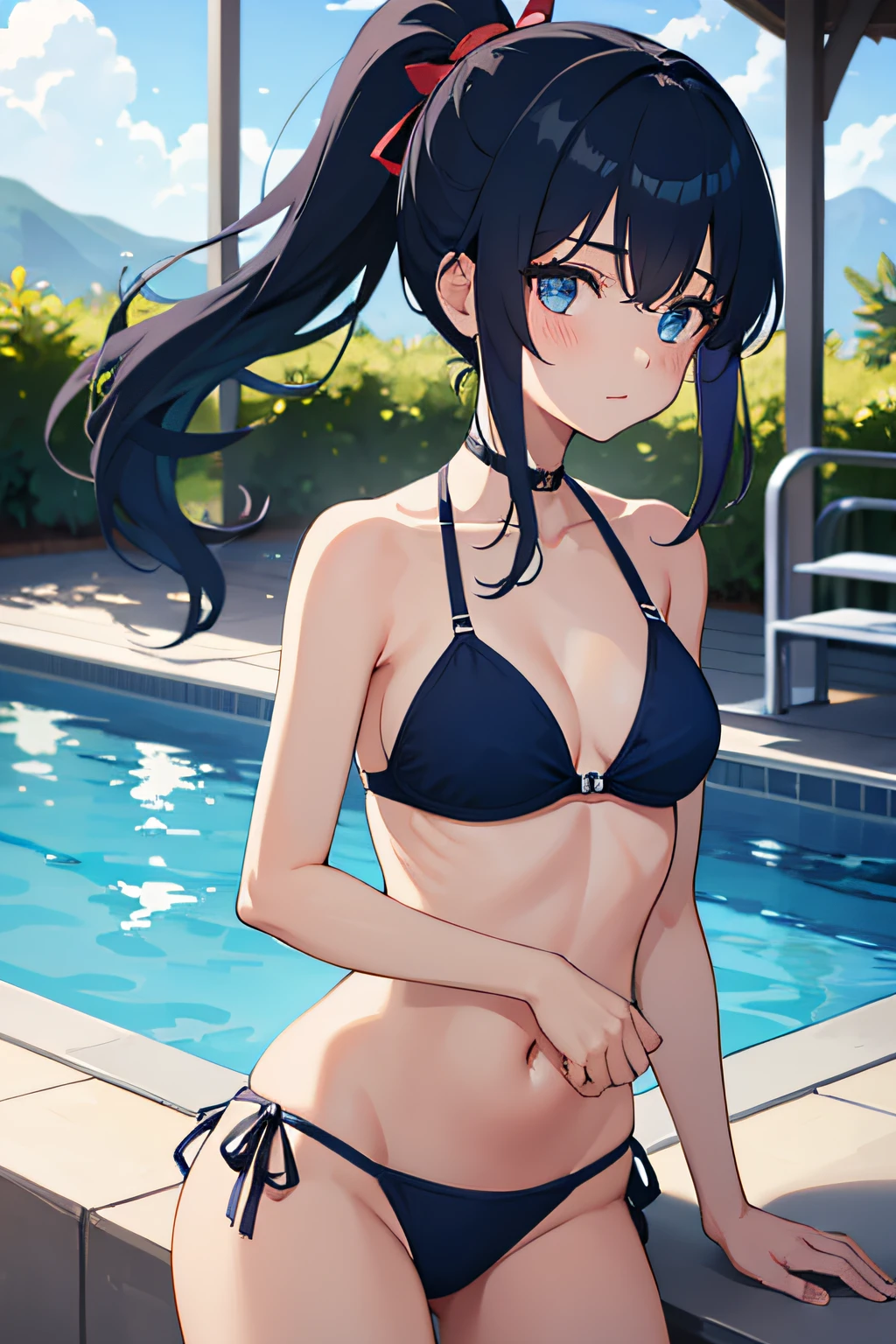 1girl, long dark blue hair in a ponytail, beautiful, wearing a bikini, swimming, pool