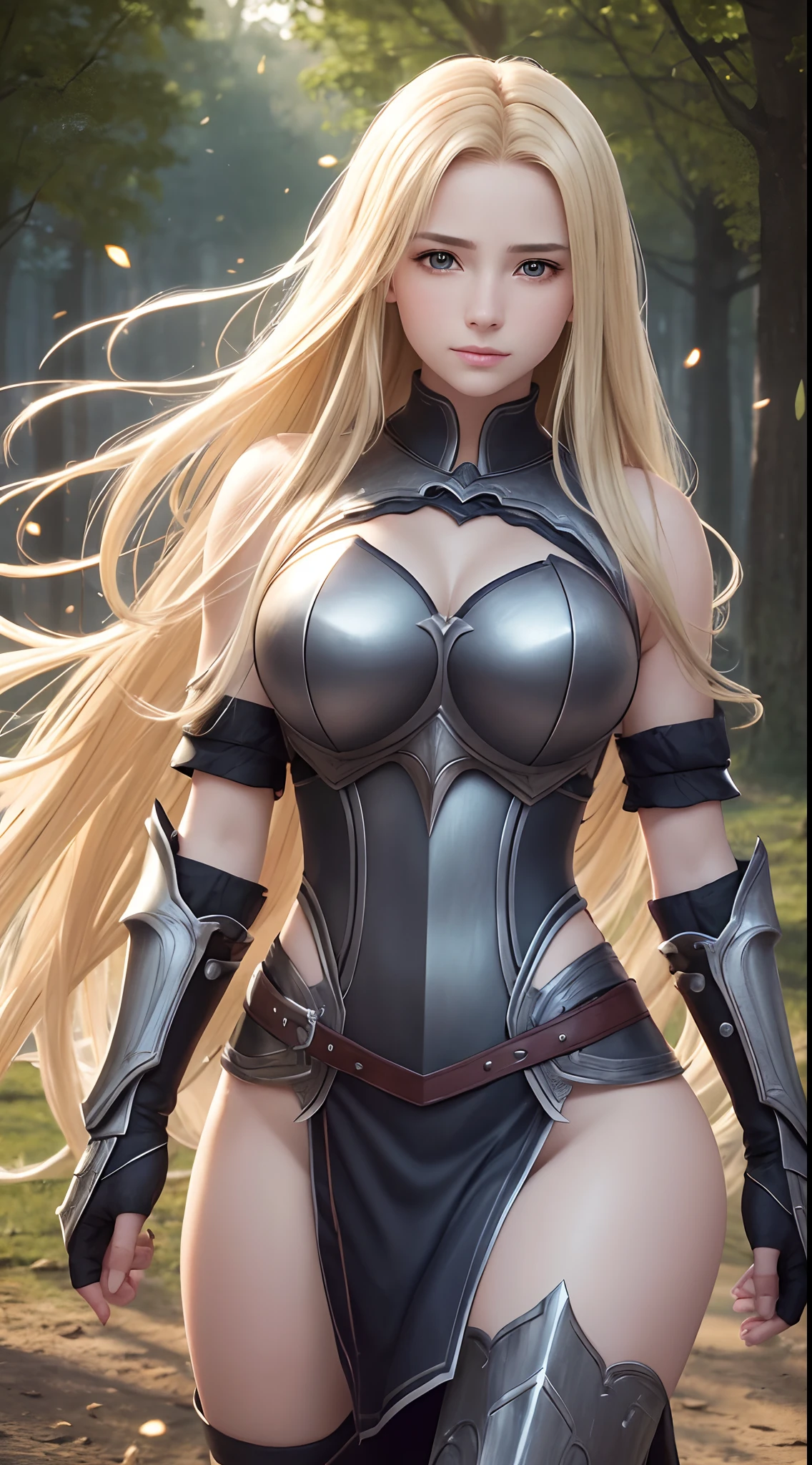 Realistic lighting, Top Quority, 8K resolution, (masterpiece: 1.3), (Clear focus: 1.2), 1 girl, delicate face, big double eyelids, Sensual expression, Perfect anatomy of the body, (perfect body: 1.6), (big chest 1.7), long blonde hair, (best breasts: 1.8), armor, long knife, magia, exterior, (date: 1.1), 1080p, hyper HD, texture, super detailed, best quality, high detail, highest quality.