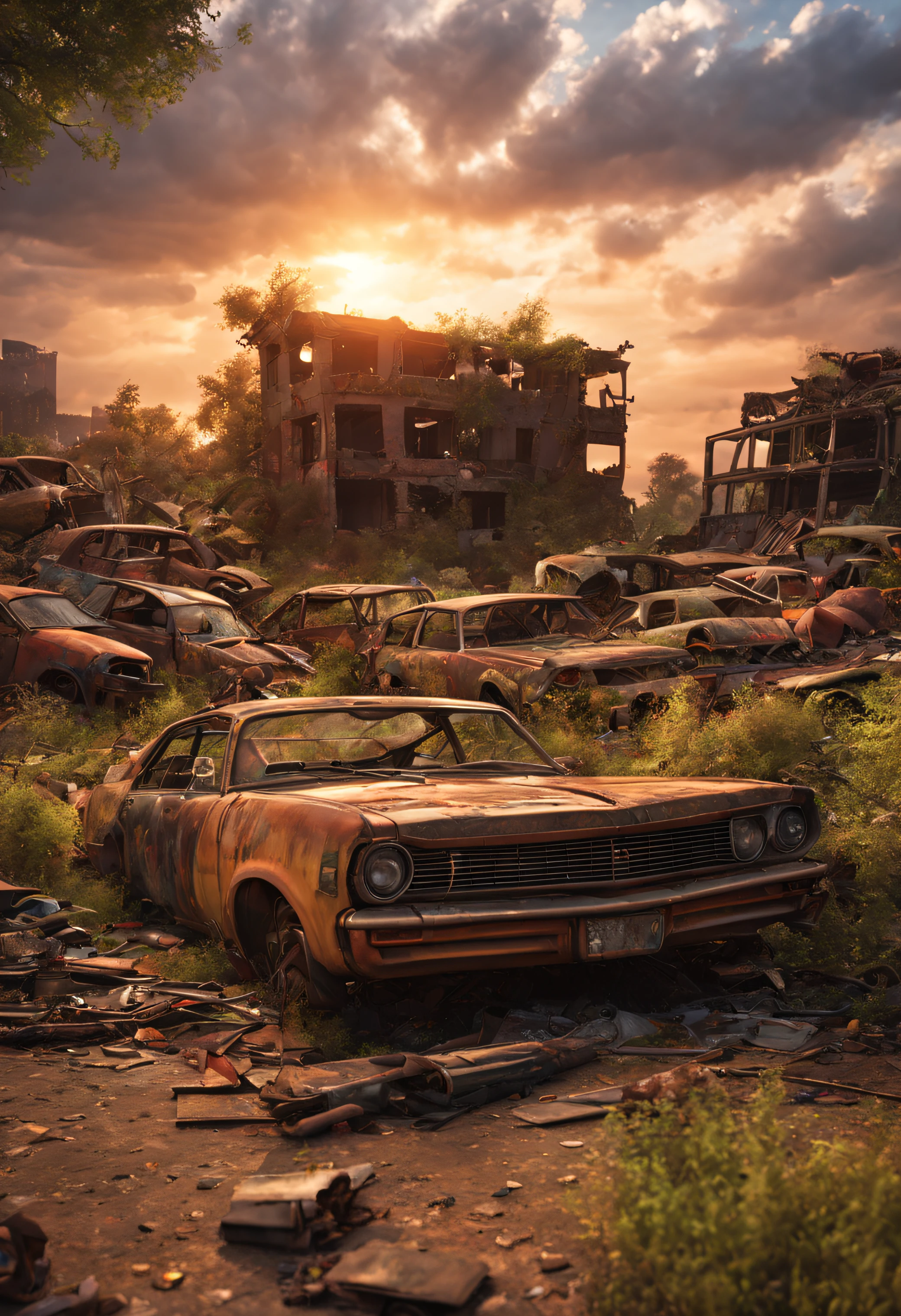 (best quality, HDR, ultra-detailed, realistic:1.37),  a boy is sitting on the abandoned car, post-apocalyptic, 3D abandoned city, destroyed buildings, car graveyard, abandoned cars, vegetation next to buildings, abandoned vehicles strewn and stacked, dramatic sunset.