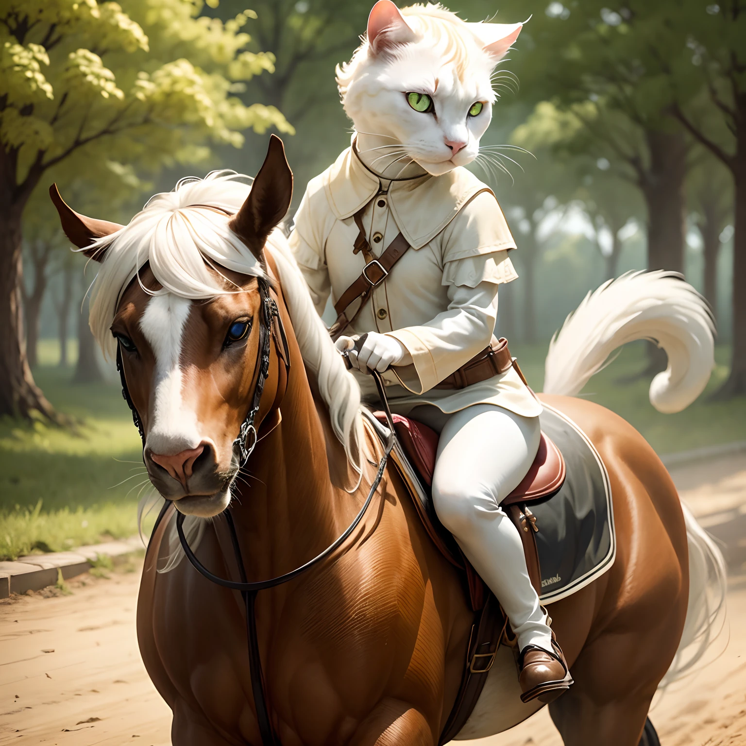 White cat with green eyes riding on a horse