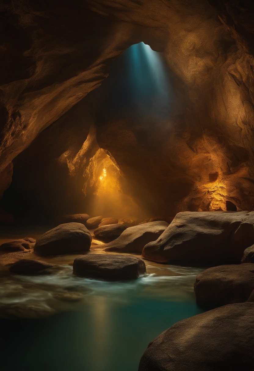 make a realistic image of a cave with low light in golden tones