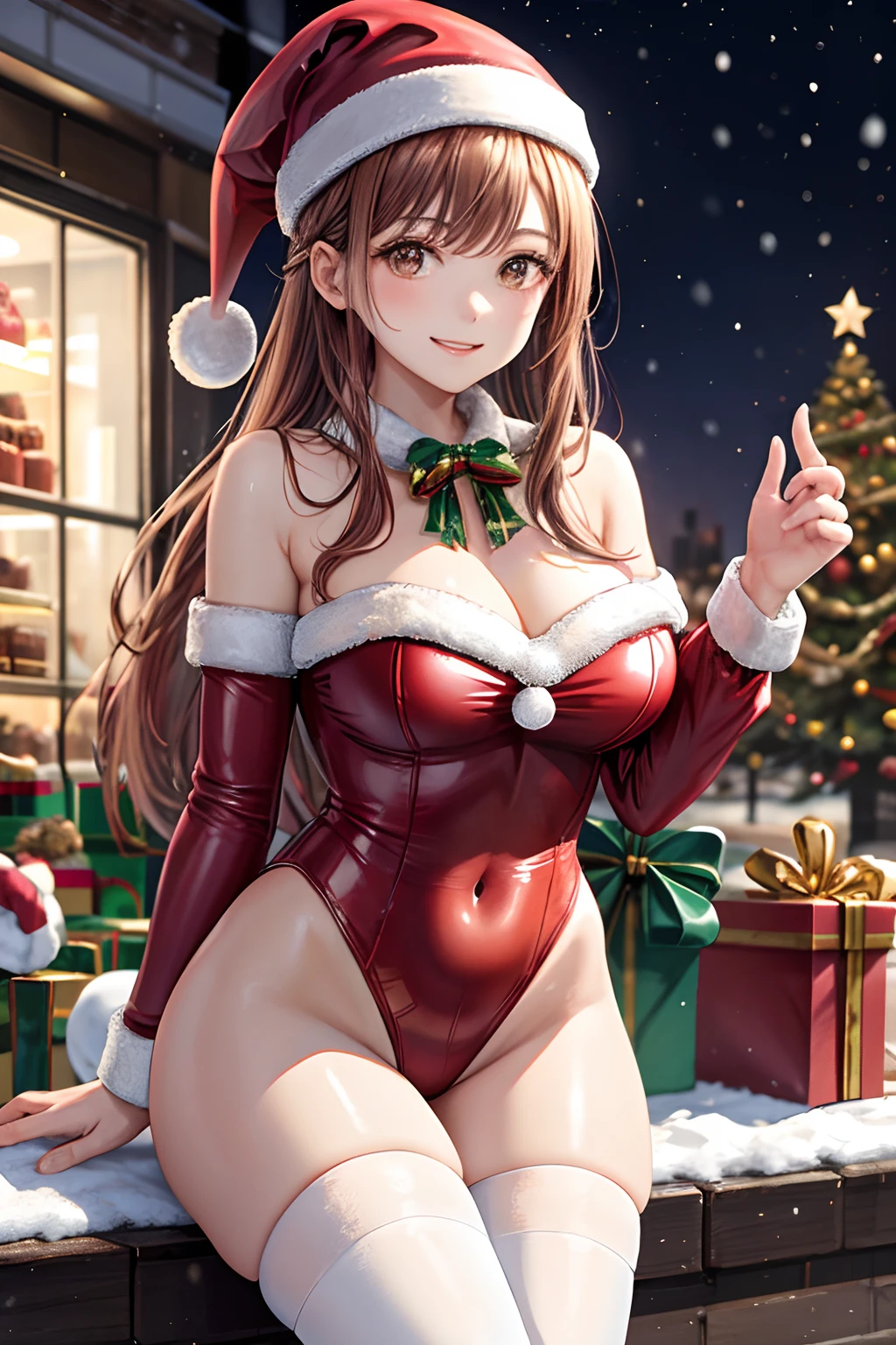 top-quality、Full limbs、complete fingers、Slender beauty、straight haired、Red hair、Beautiful Large Breasts、(Detailed ultra-oily shiny skin:1.1)、oily shiny thighhigh、(Perfect bright red Santa Claus leotard:1.3)、((White High Socks))、Wearing a Santa Claus hat、((Wearing a Santa Manto))、Beautiful、A smile、Winter cityscape、shopping street、It's snowing、white Christmas、Christmas cakes are sold in stores