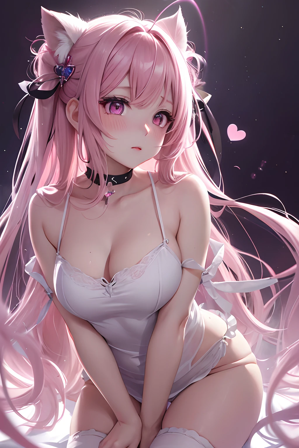 striated hair,Pink twin-tailed hair, Halo, Mole under the eyes, mole under mouth, Heart-shaped pupil, longeyelashes, Pink eyes, Heart-shaped choker、full body Esbian、gazing at viewer、Shy, blush, tusk, ear blush, nose blush,Anime style, Color Field Painting, Ray tracing, bloom, One-person viewpoint, nffsw, awardwinning, 16 K, Best Quality, high details, High quality, masutepiece, hight resolution, ccurate, Super Detail