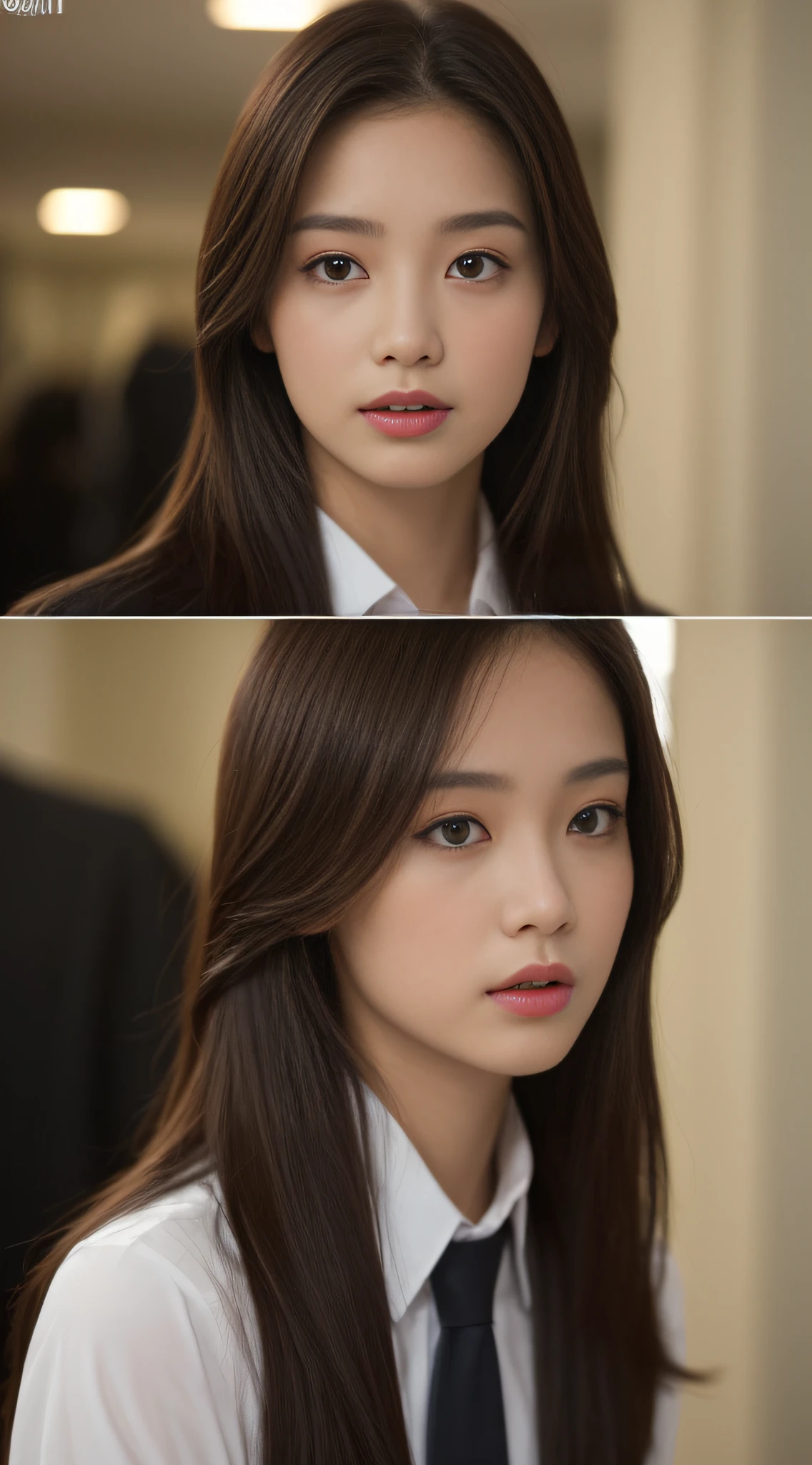 ((Day, Best Quality, 8K, Masterpiece: 1.2, Realistic)), Sharp focus: 1.2, Whole Body: 1.4, Slender Abs: 1.2, ((Long dark brown hairstyle, Medium Breasts: 1.2)), (Tight black blazer: 1.1, Tight long skirt: 1.1, Black necktie: 1.1, Standing: 1.2), ((1 girl, Solo, Solo shot: 1.1)), (Indoor, Room, Realistic office background: 1.1, Day lights: 1.2), Highly detailed face and skin texture, detailed eyes, double eyelids, exposed cleavage, seducing random look: 1.1, full body camera view, point of view camera, (Long distance camera: 1.1, Face looking at the camera, Point of view: 1.2)
