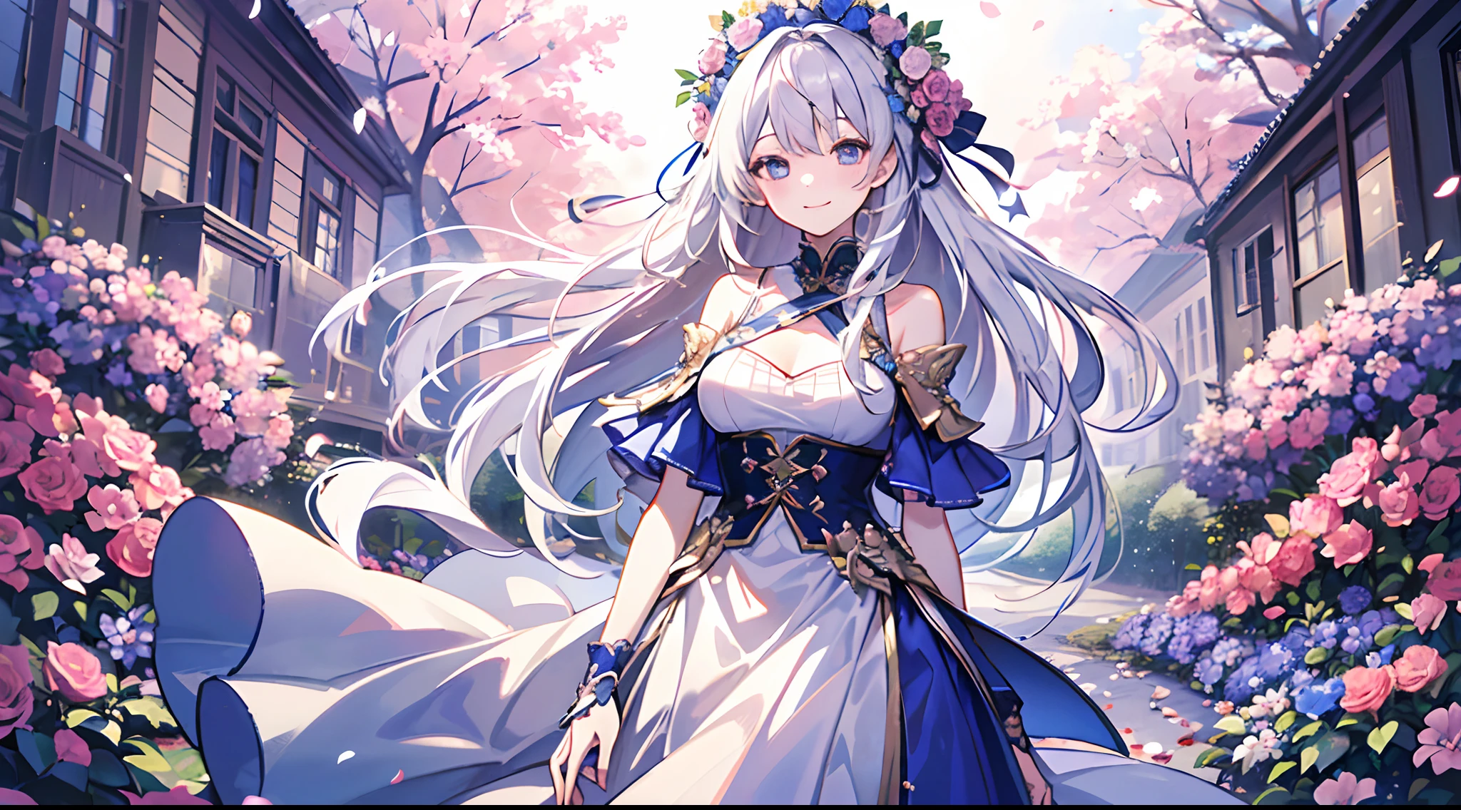 Anime girl in a white dress with long white hair and a blue dress ...